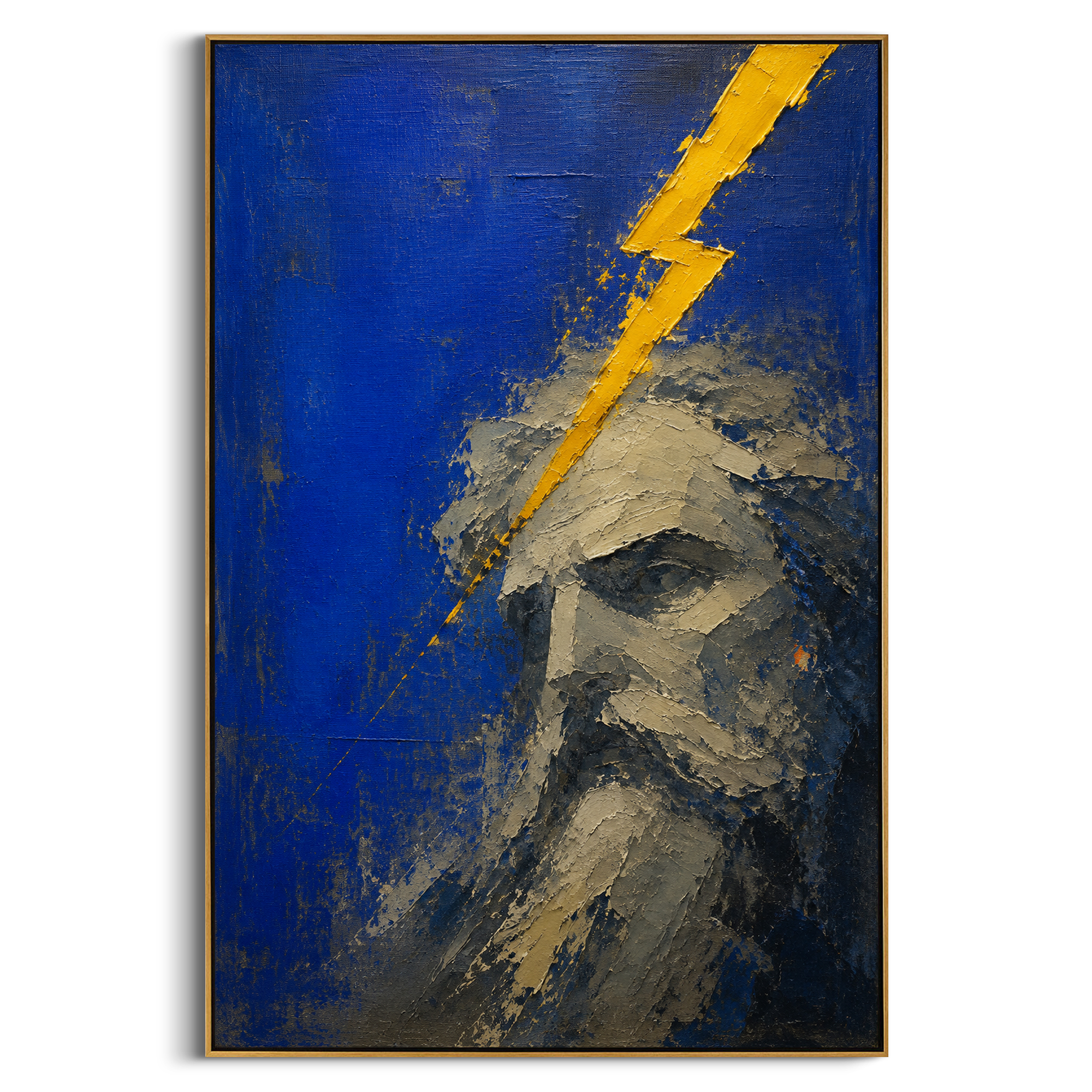 A golden bolt strikes through a weathered divine face. The blue field leaves no distraction, only the force of command passing through stone, age, and silence.