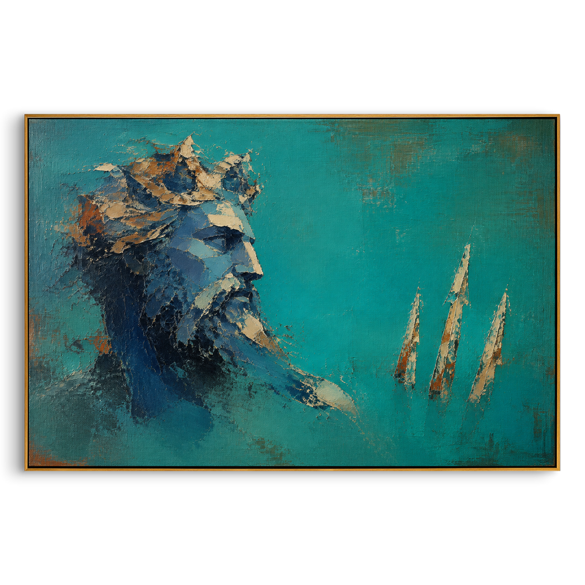 "Poseidon Profile With Three White Sails" - Modern Heavy Impasto Coastal Landscape | Green & Blue Palette Knife Painting | Luxury Horizontal Wall Art #PT 1295