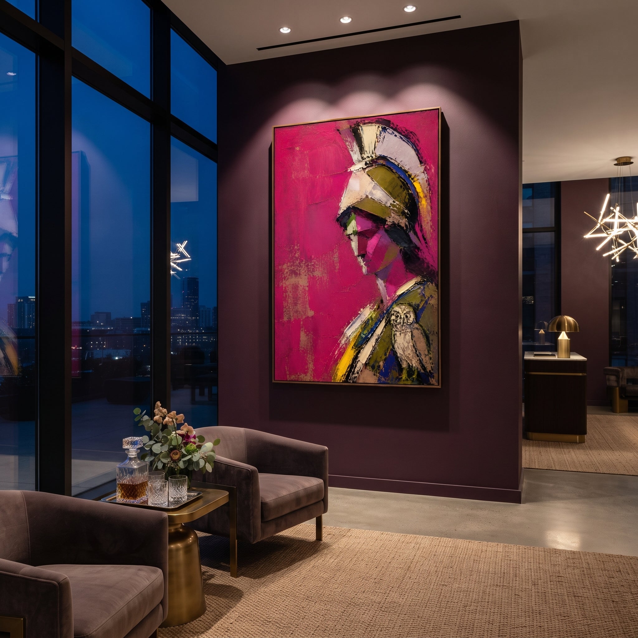 Athena appears in profile against a bright magenta field, the owl resting close like a seal of wisdom. The portrait feels sharp, private, and ceremonial.