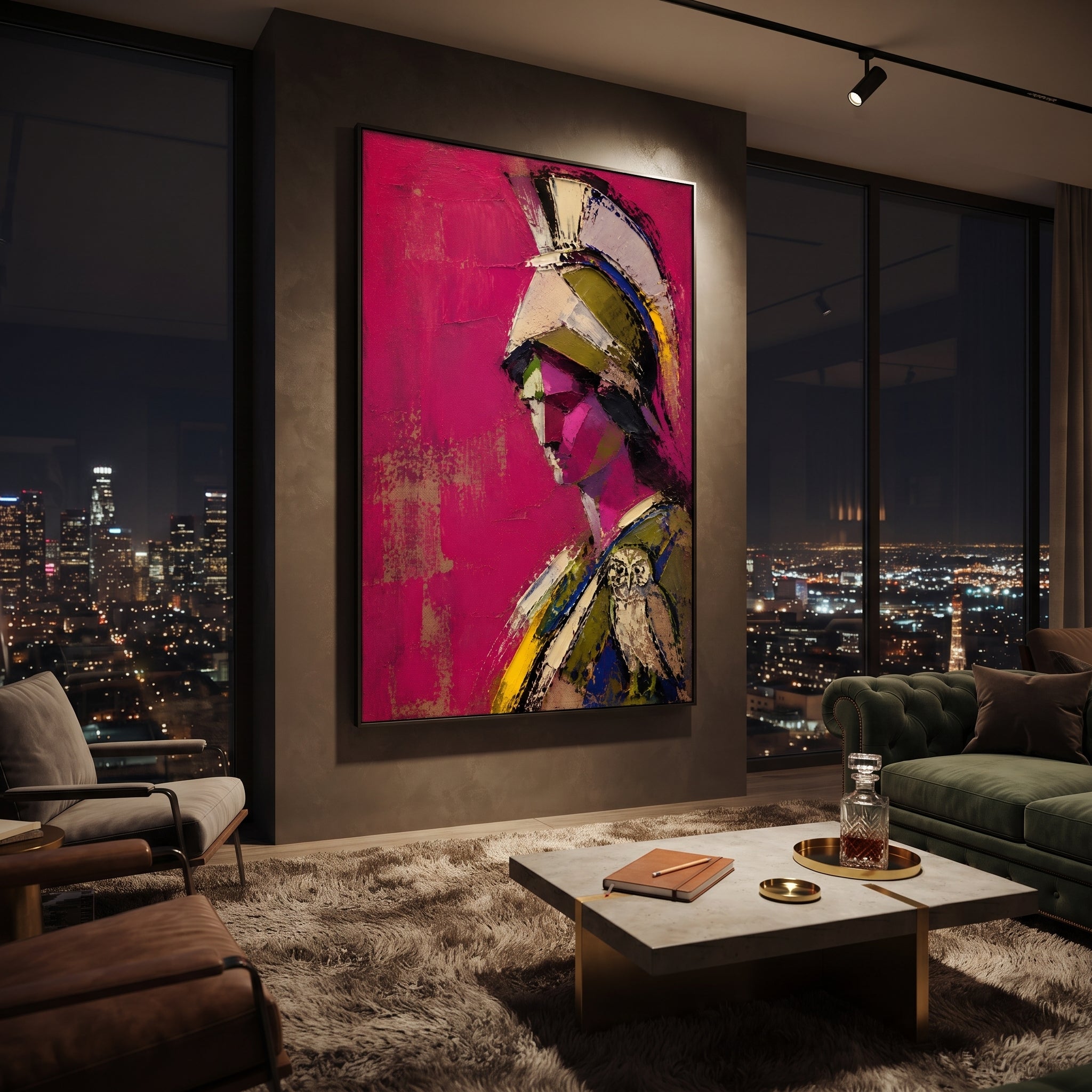 Athena appears in profile against a bright magenta field, the owl resting close like a seal of wisdom. The portrait feels sharp, private, and ceremonial.