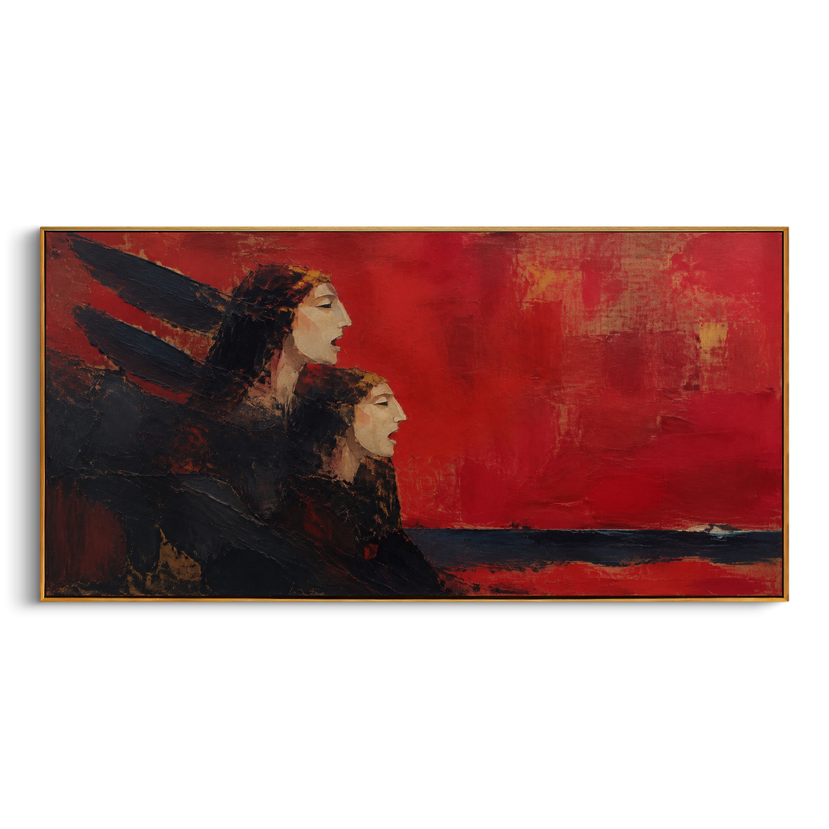 "Dark Sirens Calling Over The Red Sea" - Modern Heavy Impasto Coastal Landscape | Red & Black Palette Knife Painting | Luxury Horizontal Wall Art #PT 1297