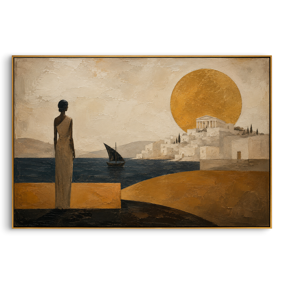 "Ithaca Seen From The Silent Shore" - Modern Heavy Impasto Coastal Landscape | Beige & Golden Palette Knife Painting | Luxury Horizontal Wall Art #PT 1298