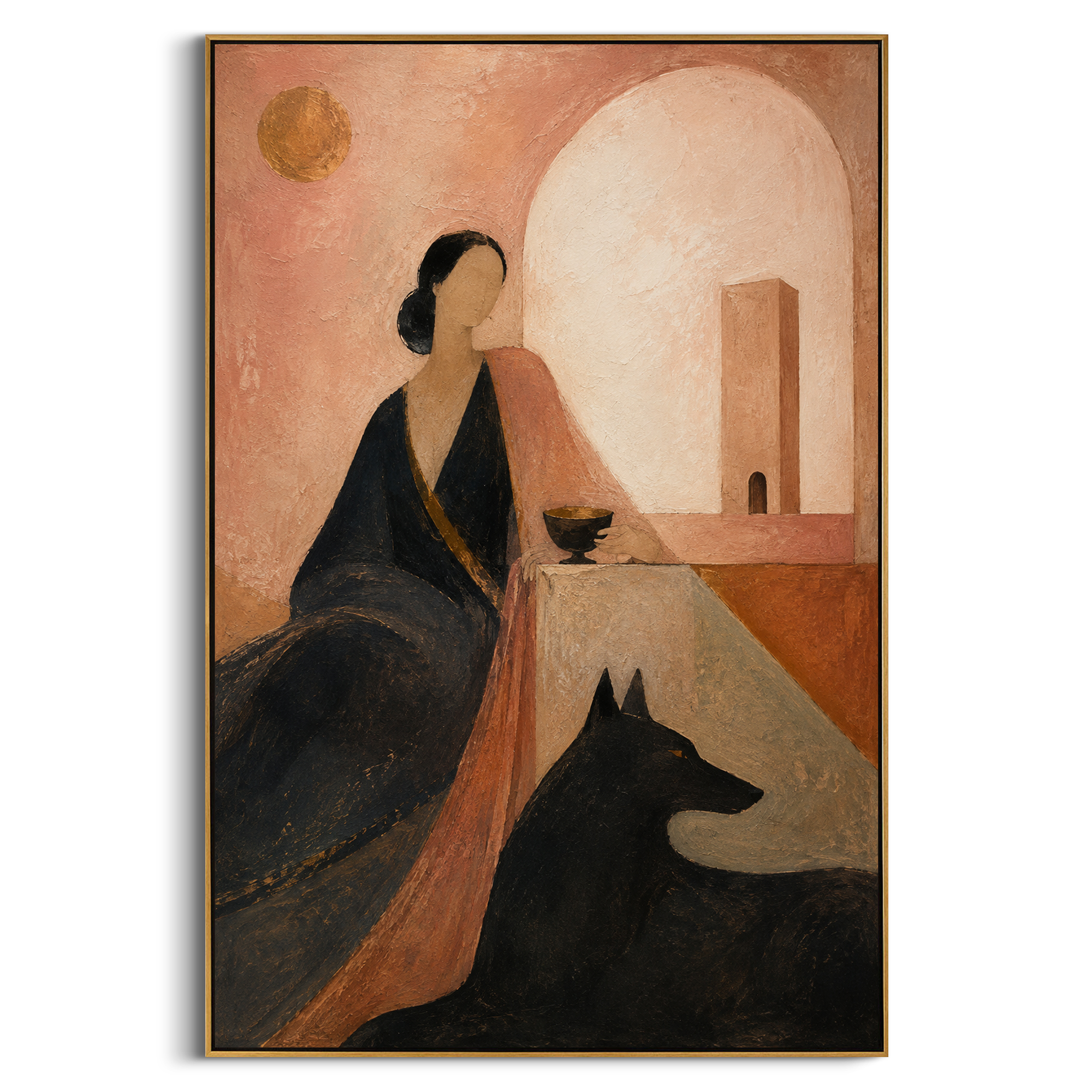 A seated figure keeps a cup beside a black hound under a soft pale arch. The room feels like an underworld chamber made tender by dust, moonlight, and waiting.