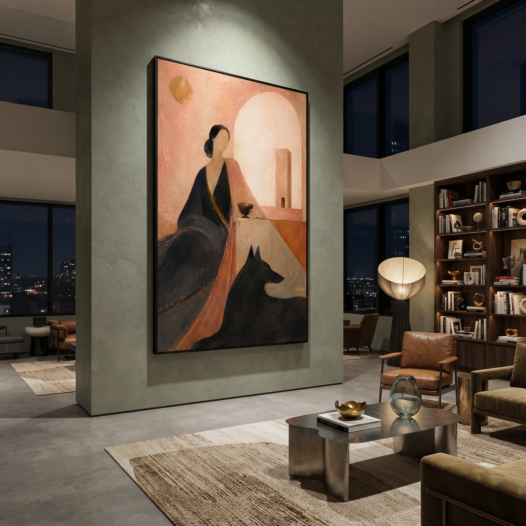 A seated figure keeps a cup beside a black hound under a soft pale arch. The room feels like an underworld chamber made tender by dust, moonlight, and waiting.