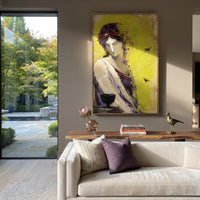 A woman holds a black cup while small dark signs cross the green wall. The painting reads like an oracle moment, quiet on the surface and crowded with meaning underneath.