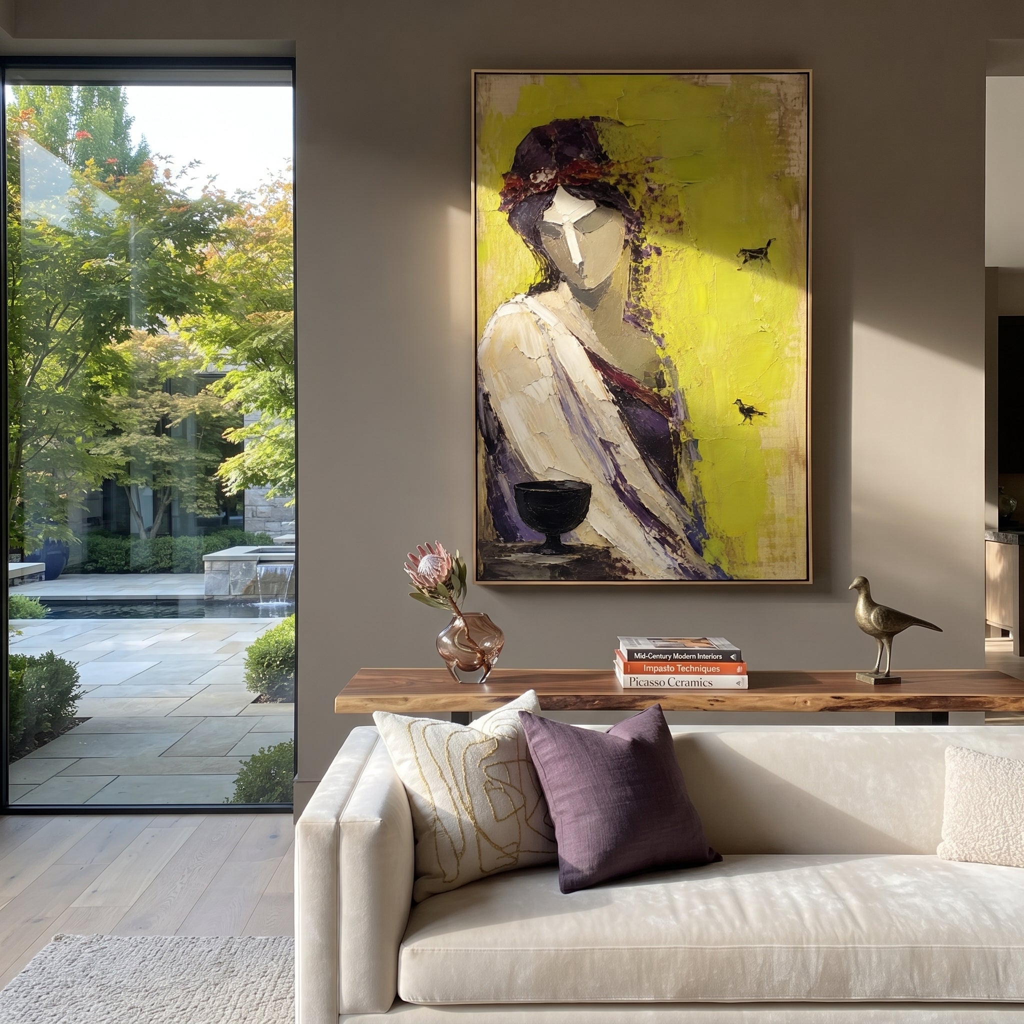A woman holds a black cup while small dark signs cross the green wall. The painting reads like an oracle moment, quiet on the surface and crowded with meaning underneath.