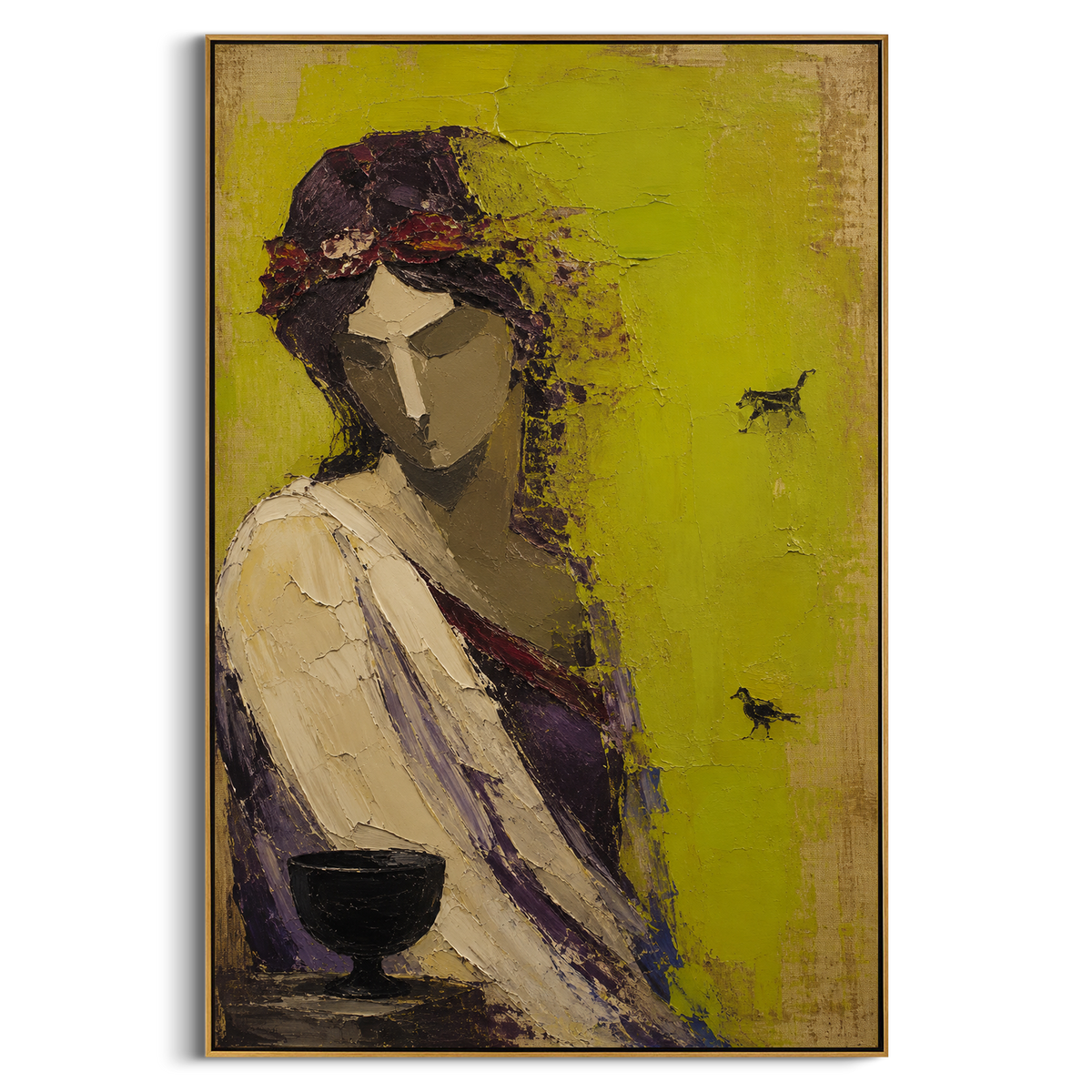 "Oracle Woman With The Black Cup" - Modern Heavy Impasto Abstract Artwork | Green & Black Palette Knife Painting | Luxury Vertical Wall Art #PT 1302