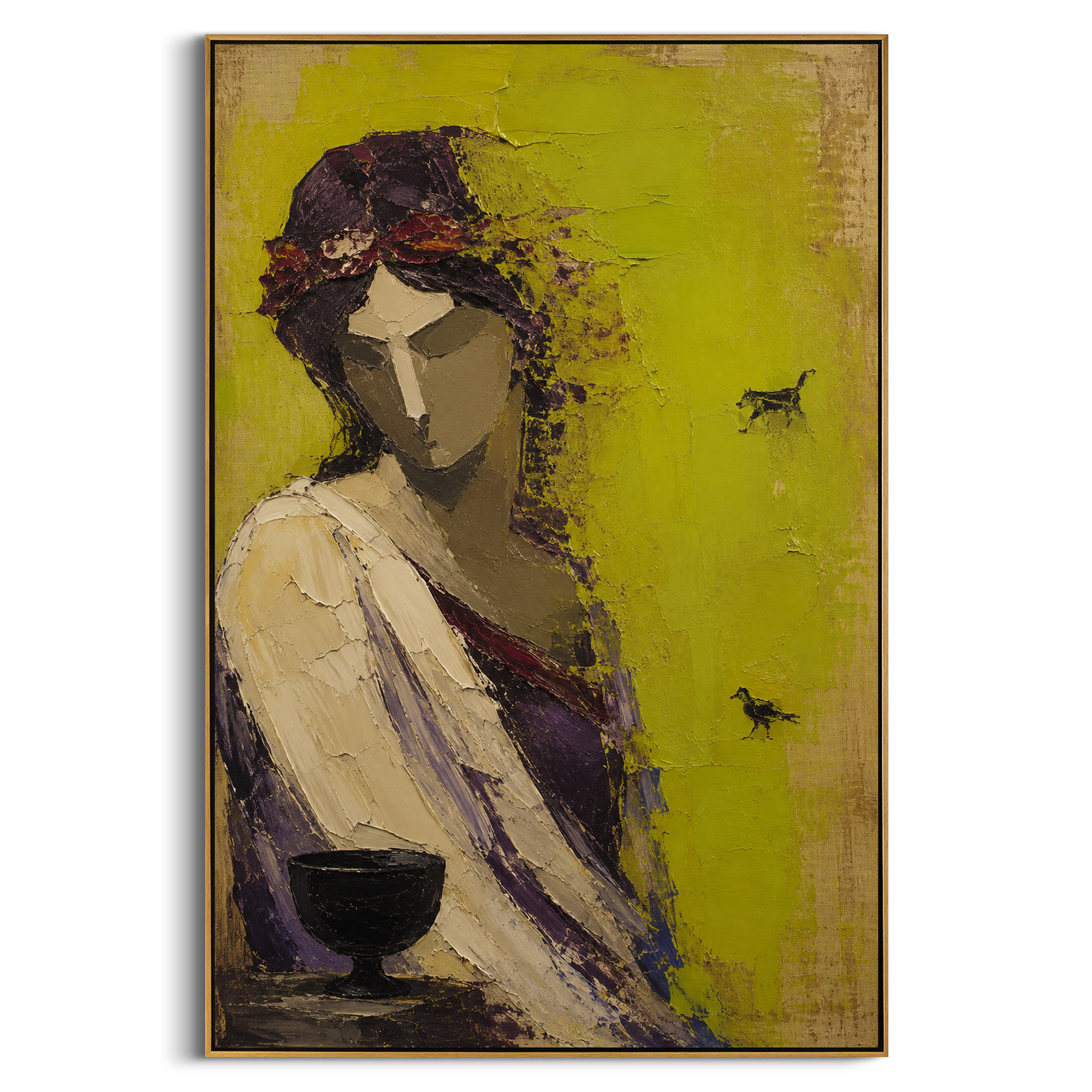 A woman holds a black cup while small dark signs cross the green wall. The painting reads like an oracle moment, quiet on the surface and crowded with meaning underneath.