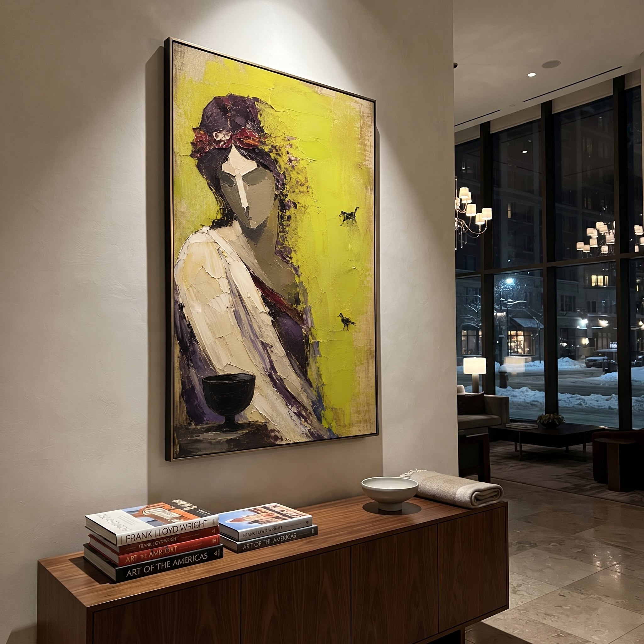 A woman holds a black cup while small dark signs cross the green wall. The painting reads like an oracle moment, quiet on the surface and crowded with meaning underneath.