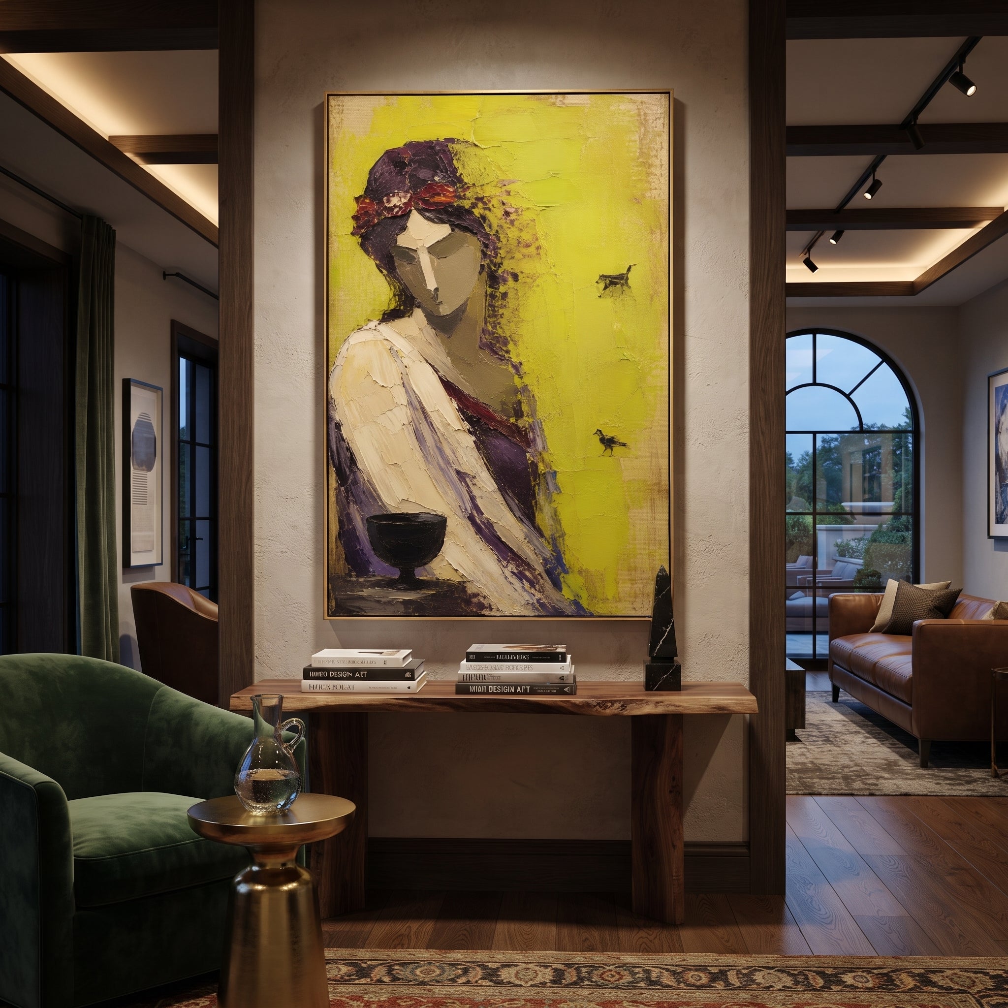 A woman holds a black cup while small dark signs cross the green wall. The painting reads like an oracle moment, quiet on the surface and crowded with meaning underneath.