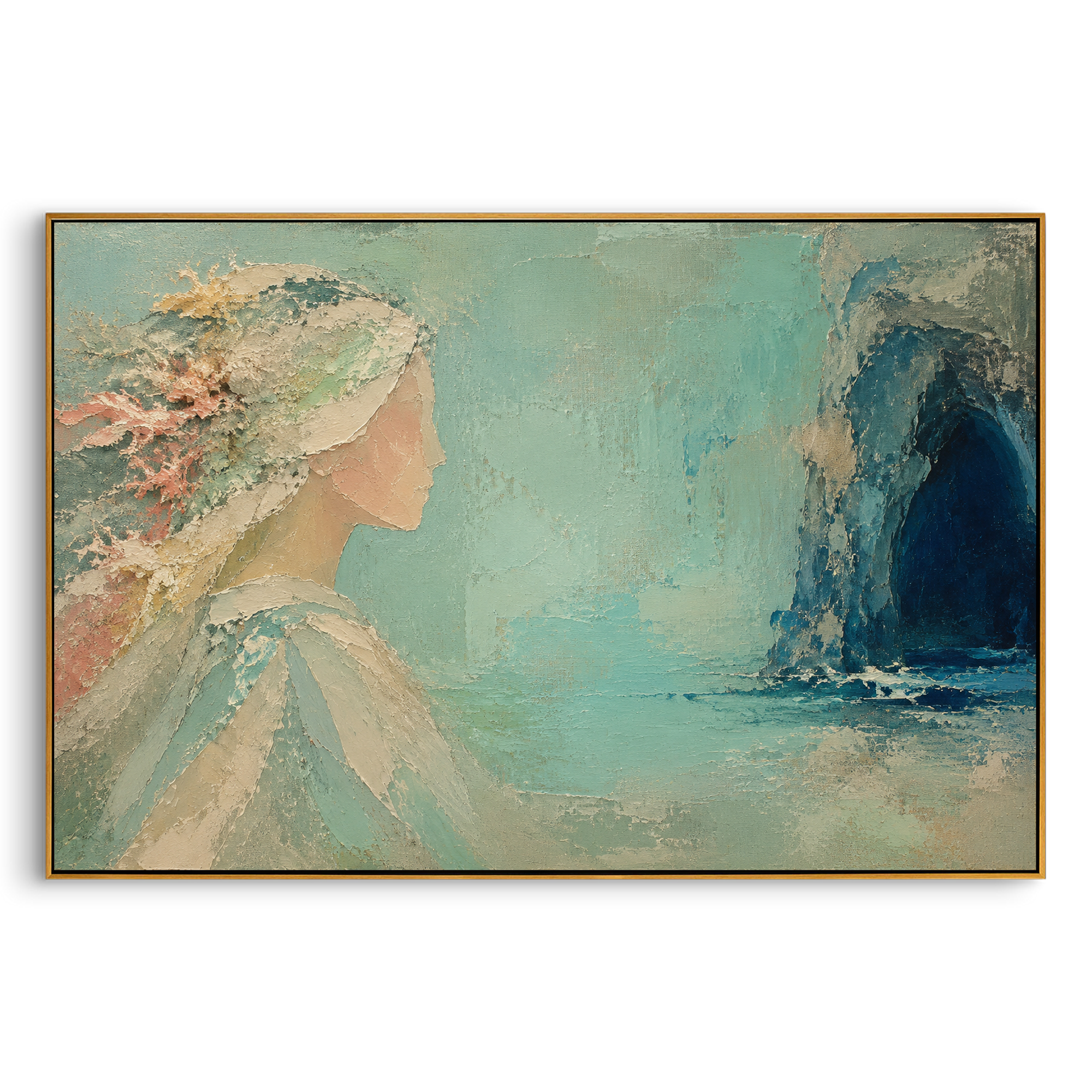 A pale profile turns toward a blue cave at the water's edge. The scene feels like an island farewell, where beauty remains after the traveler has already chosen the sea.