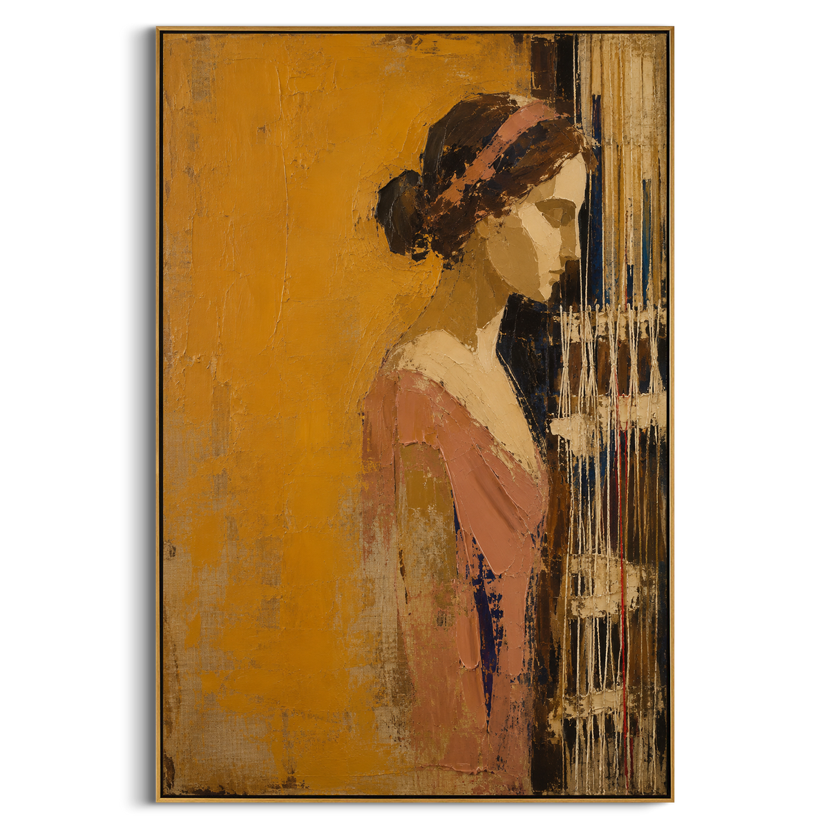 "Penelope At The Golden Loom" - Modern Heavy Impasto Abstract Artwork | Golden & Pink Palette Knife Painting | Luxury Vertical Wall Art #PT 1305