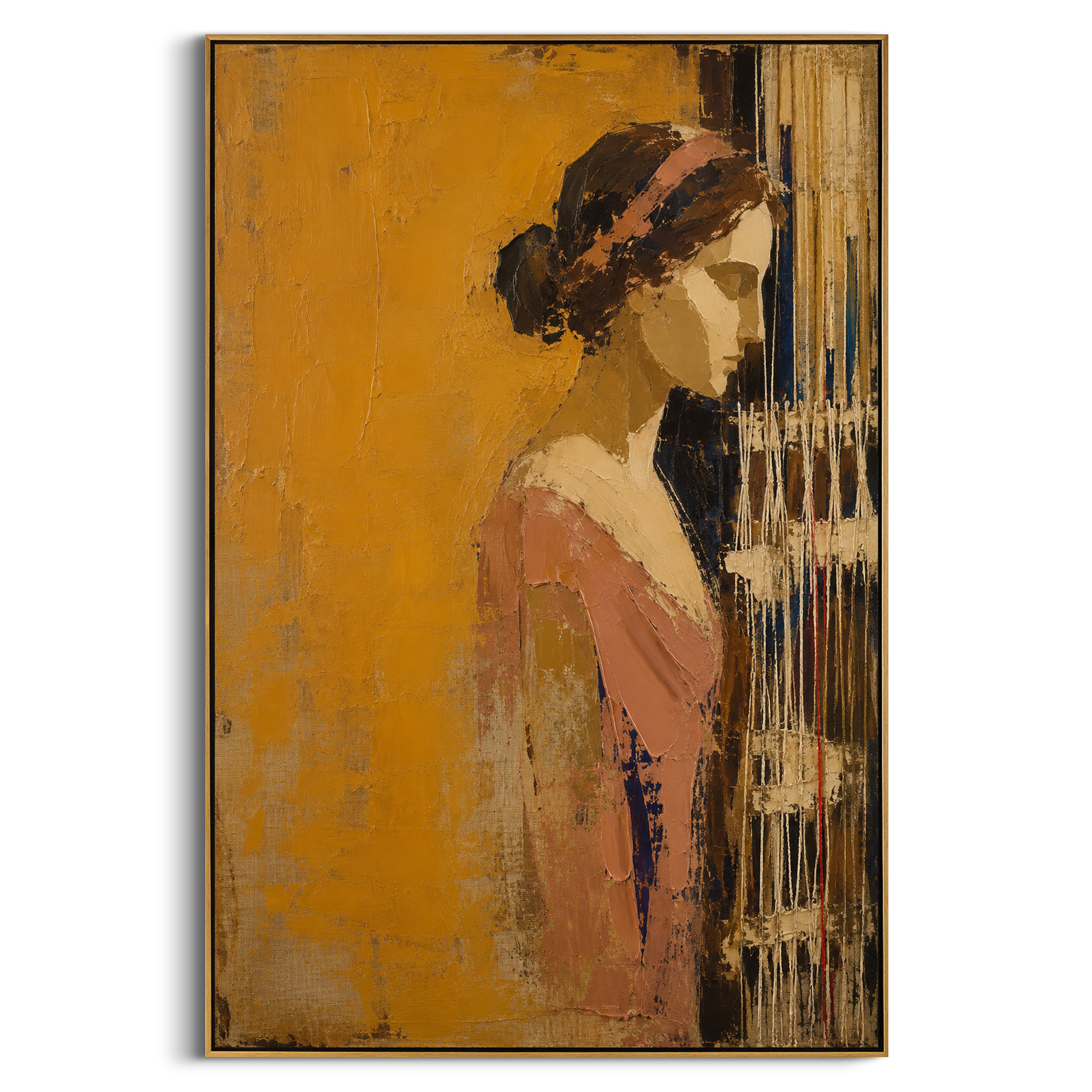 A woman stands beside the loom as if every thread is holding time in place. The gold wall and rose garment turn Penelope's waiting into a quiet act of strength.