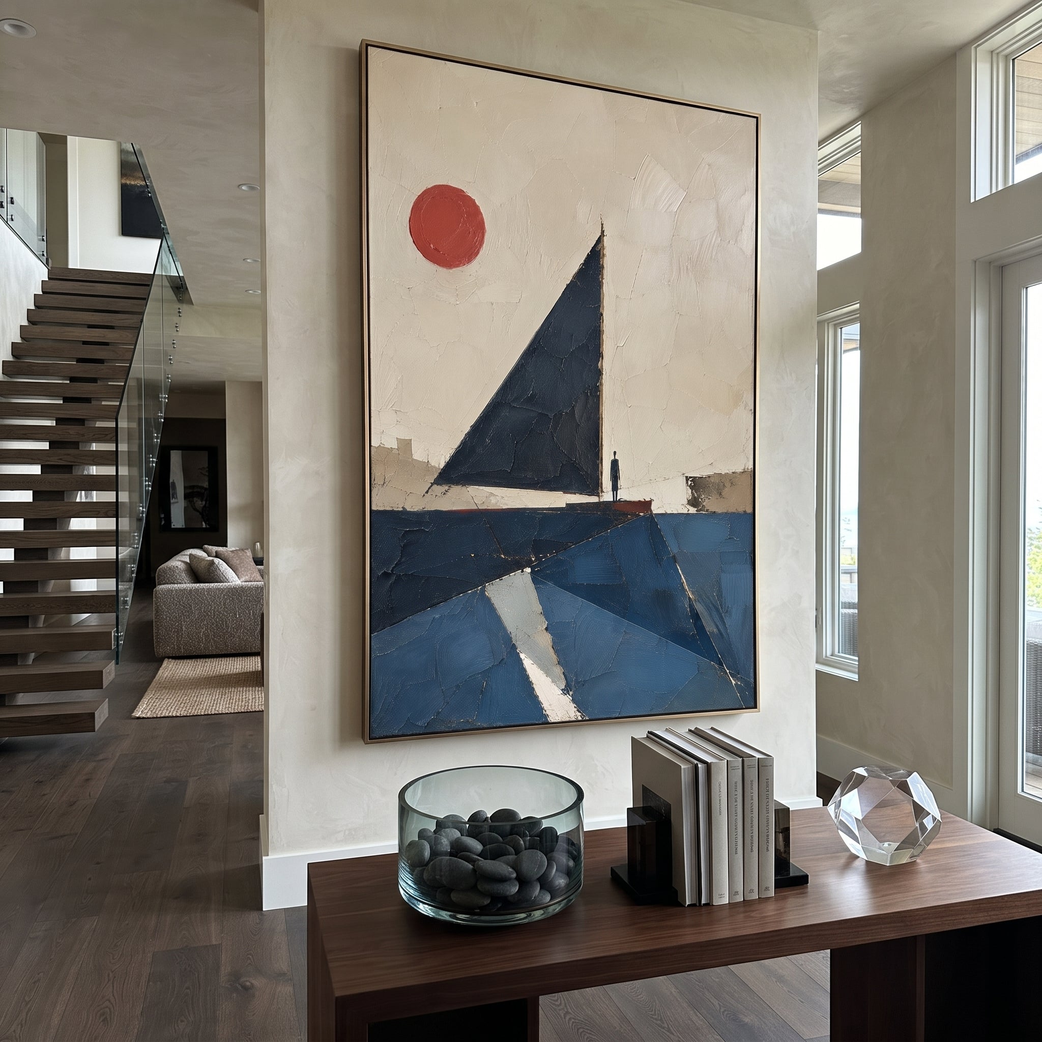 A black sail rises beneath a small red sun, with one figure standing still at the mast. The spare scene makes the voyage feel reduced to will, water, and direction.