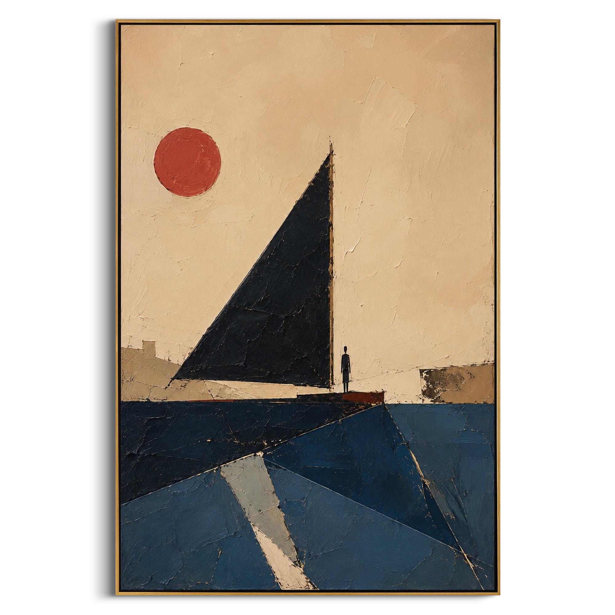 A black sail rises beneath a small red sun, with one figure standing still at the mast. The spare scene makes the voyage feel reduced to will, water, and direction.