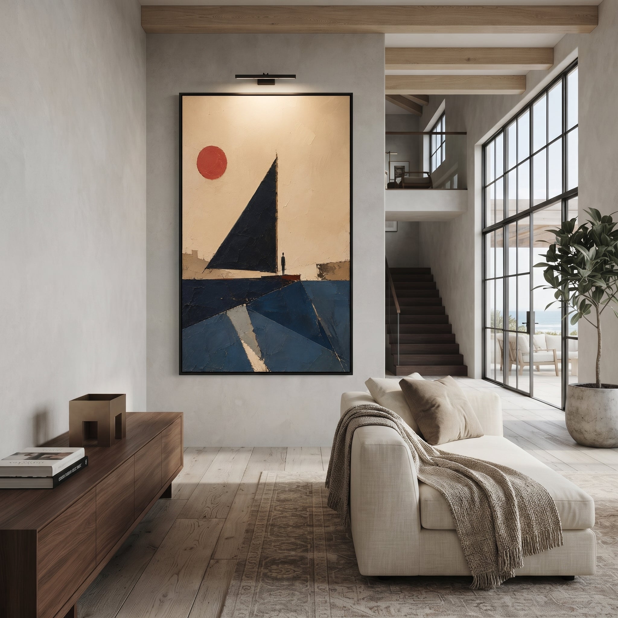 A black sail rises beneath a small red sun, with one figure standing still at the mast. The spare scene makes the voyage feel reduced to will, water, and direction.