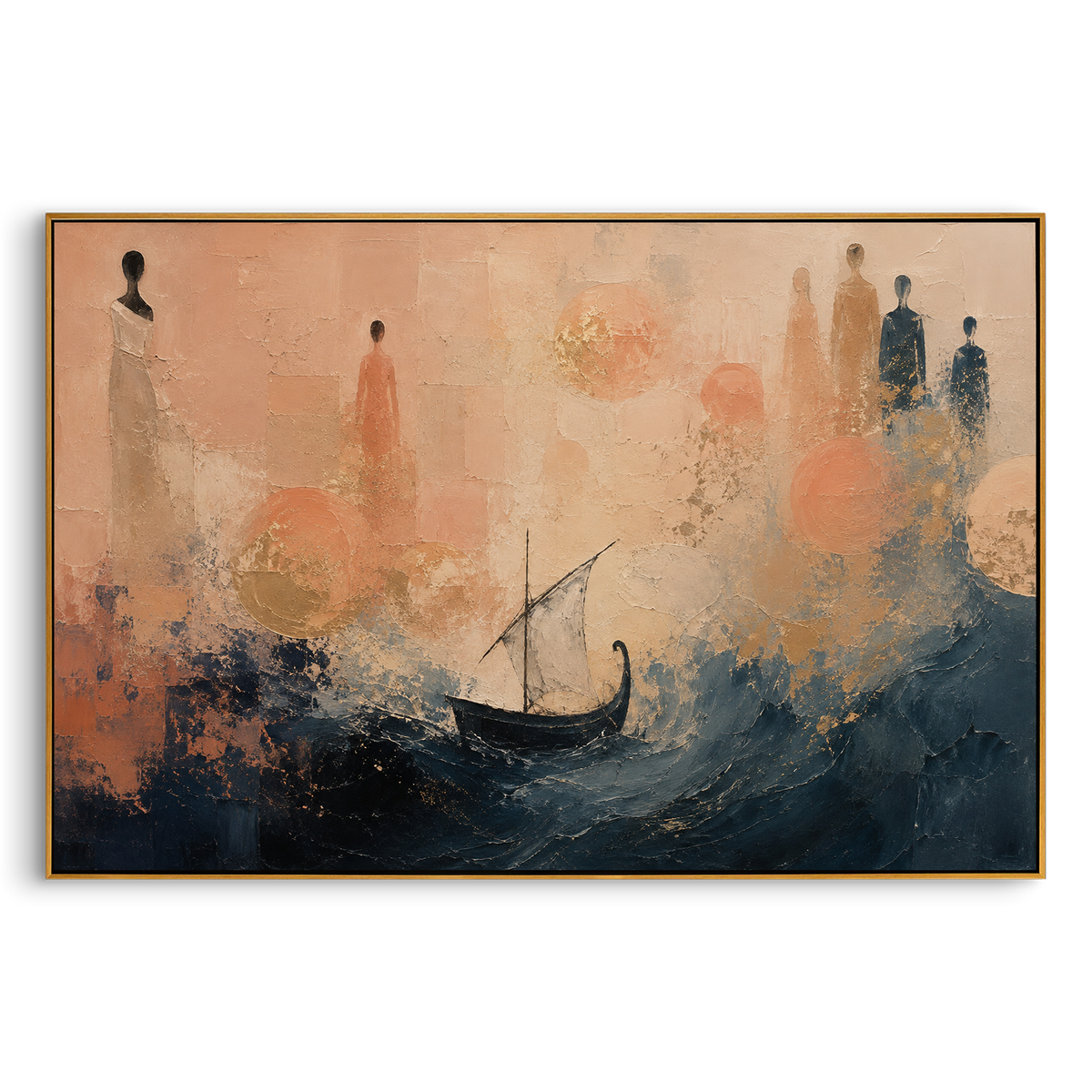 "Aeolus Wind Filling The White Sail" - Modern Heavy Impasto Coastal Landscape | Beige & Blue Palette Knife Painting | Luxury Horizontal Wall Art #PT 1307