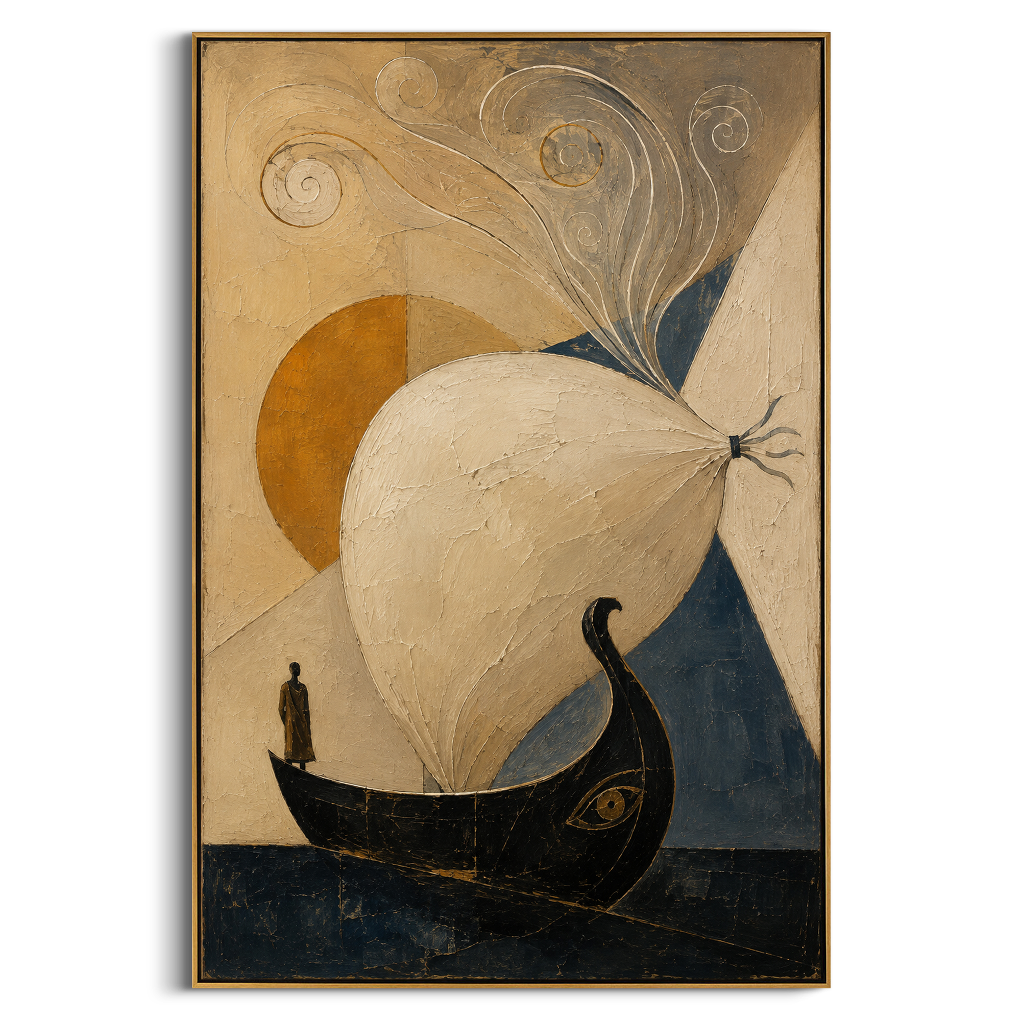 A single eye is carved into the cliff as a small boat crosses the blue water below. The orange sky makes the escape feel exposed, watched from stone and sun.
