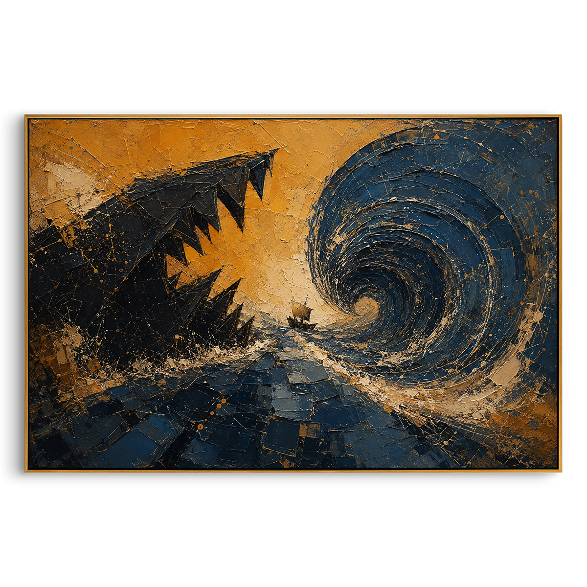 "Scylla Maw Beside The Blue Whirlpool" - Modern Heavy Impasto Coastal Landscape | Blue & Black Palette Knife Painting | Luxury Horizontal Wall Art #PT 1315