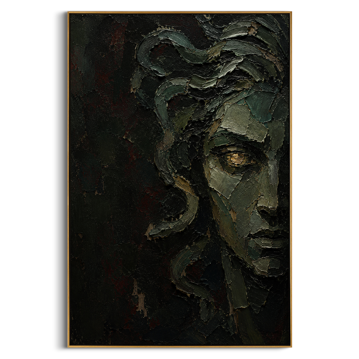 "Medusa Eye In The Dark Green Stone" - Modern Heavy Impasto Abstract Artwork | Green & Black Palette Knife Painting | Luxury Vertical Wall Art #PT 1316