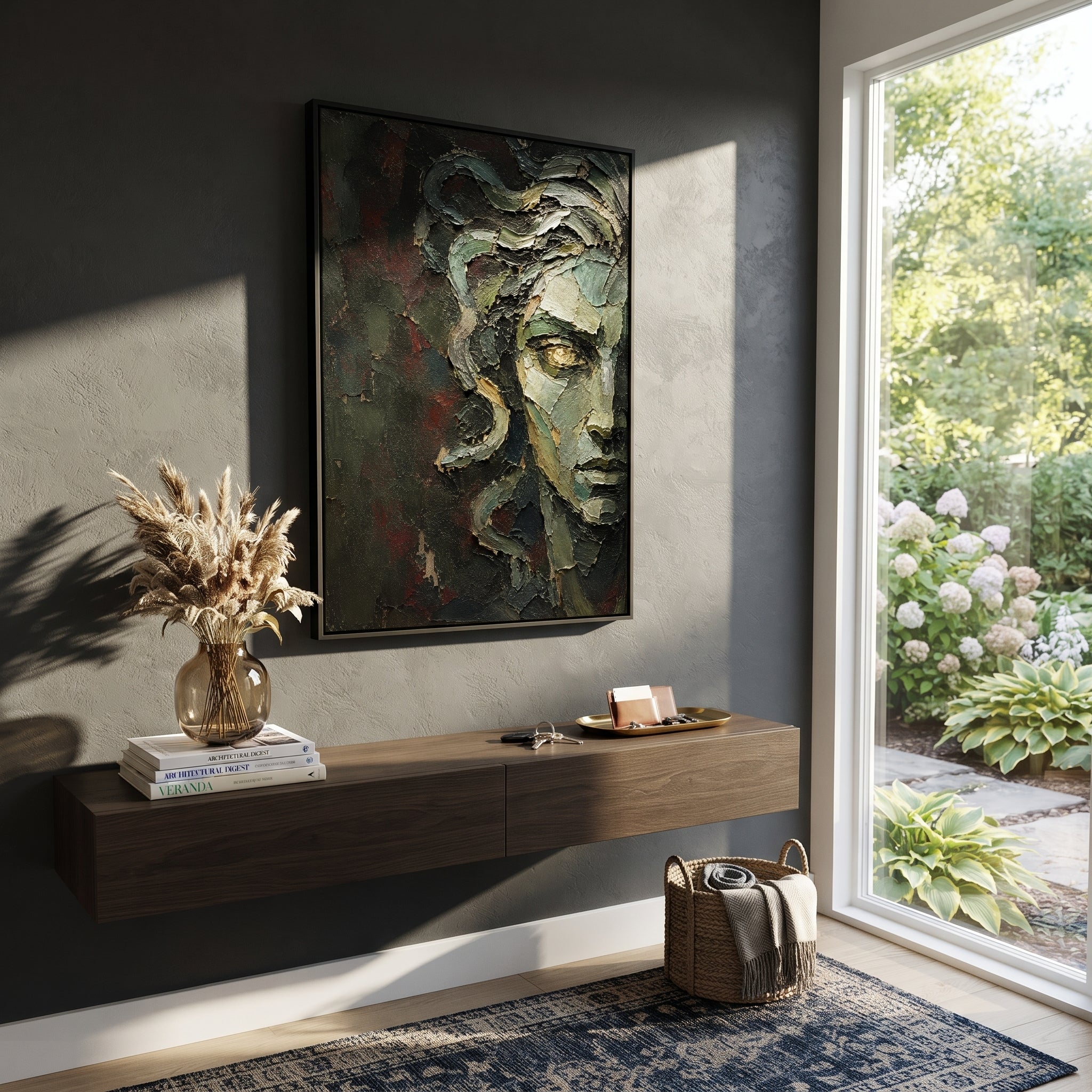 One golden eye breaks through the dark green stone face, watching from a place between ruin and warning. The fractured surface makes Medusa feel less like a figure than a memory that still has power.