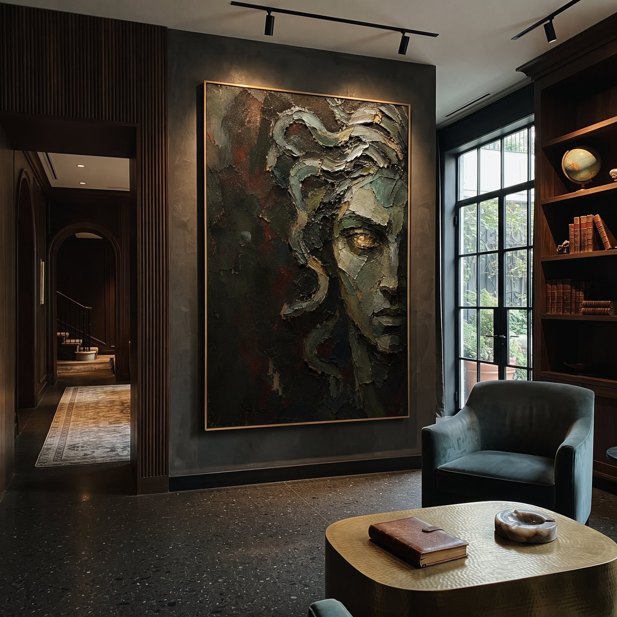 One golden eye breaks through the dark green stone face, watching from a place between ruin and warning. The fractured surface makes Medusa feel less like a figure than a memory that still has power.