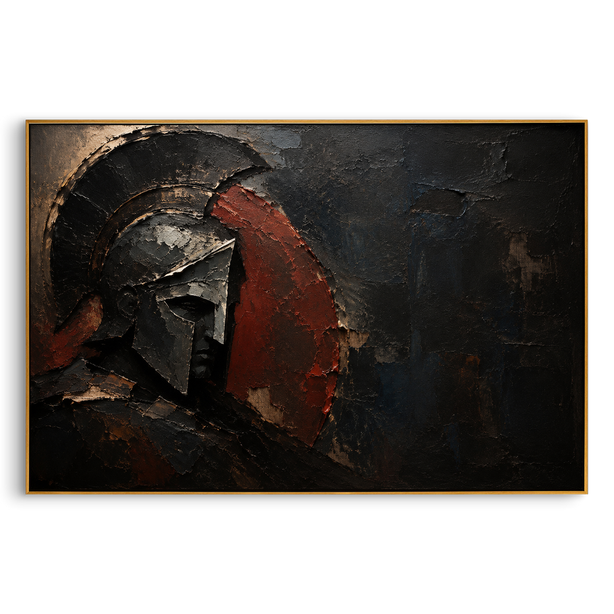 "Red Spartan Helmet In The Black Hall" - Modern Heavy Impasto Abstract Artwork | Black & Red Palette Knife Painting | Luxury Horizontal Wall Art #PT 1317