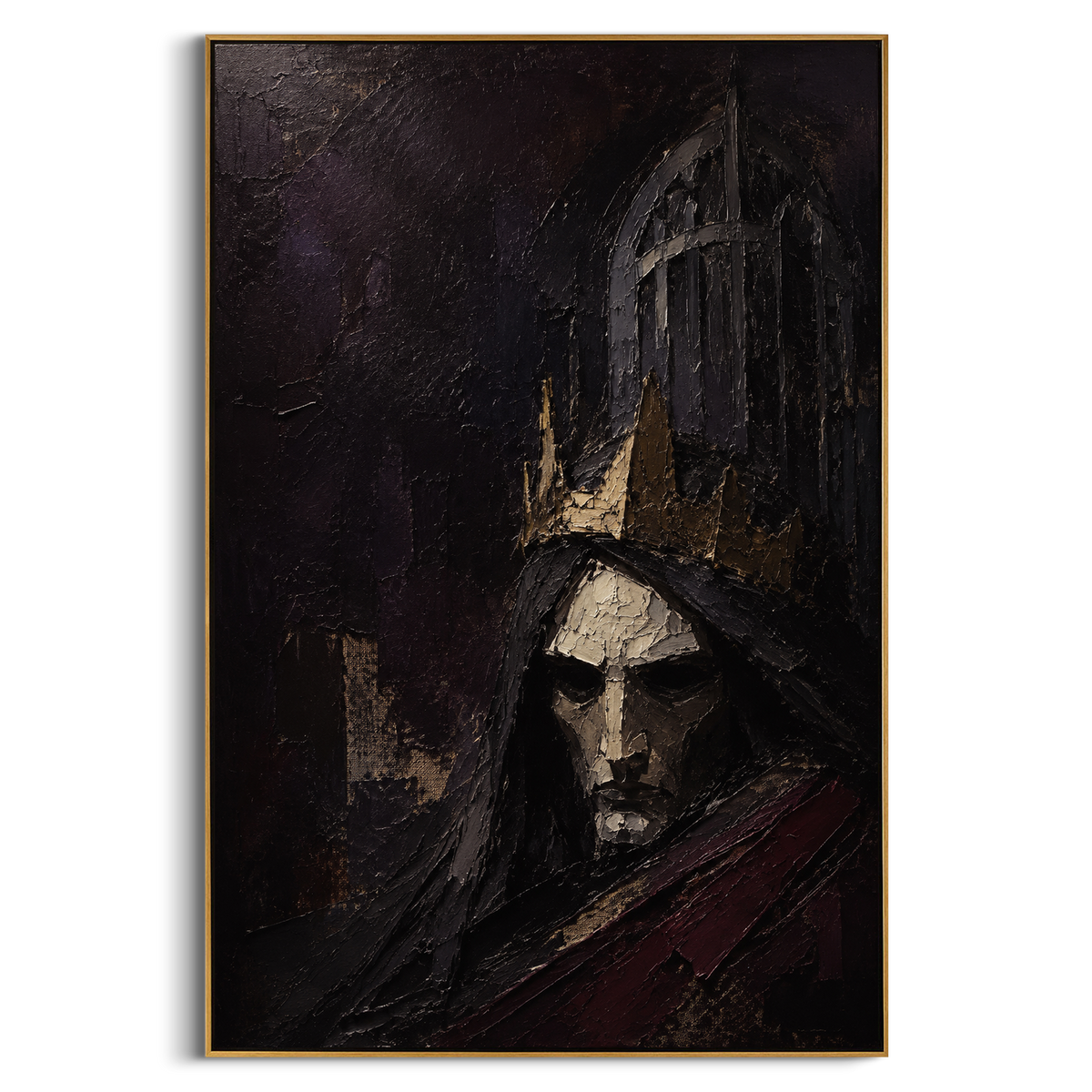 "Underworld Crown In The Dark Gate" - Modern Heavy Impasto Abstract Artwork | Black & Grey Palette Knife Painting | Luxury Vertical Wall Art #PT 1318