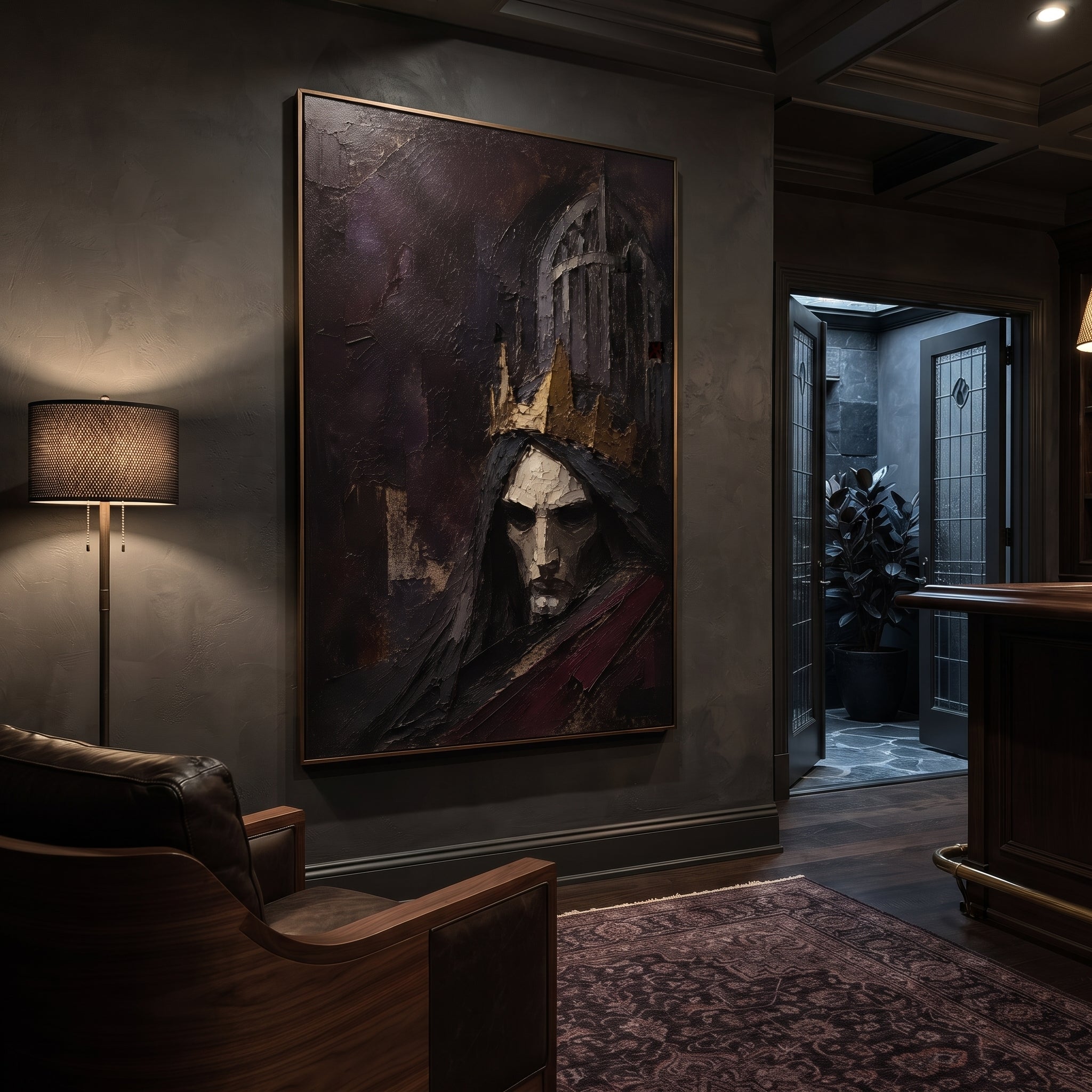 A pale face waits beneath the heavy crown, half swallowed by the dark gate behind it. The red cloak suggests underworld authority, solemn, patient, and impossible to avoid.