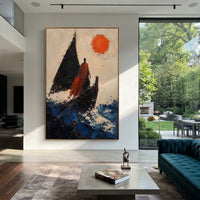 The red figure stands beside the black sail as if deciding whether the voyage is return or exile. The red sun fixes the moment in heat while the broken blue water keeps moving.