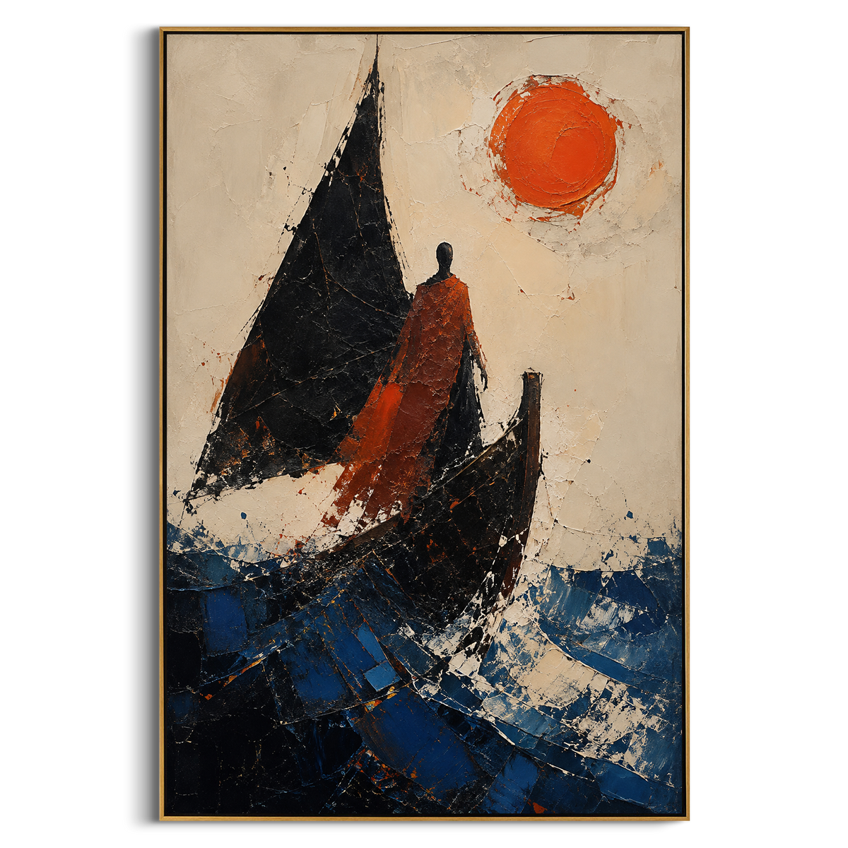 "Red Cloak Beside The Black Sail" - Modern Heavy Impasto Coastal Landscape | Blue & Red Palette Knife Painting | Luxury Vertical Wall Art #PT 1319