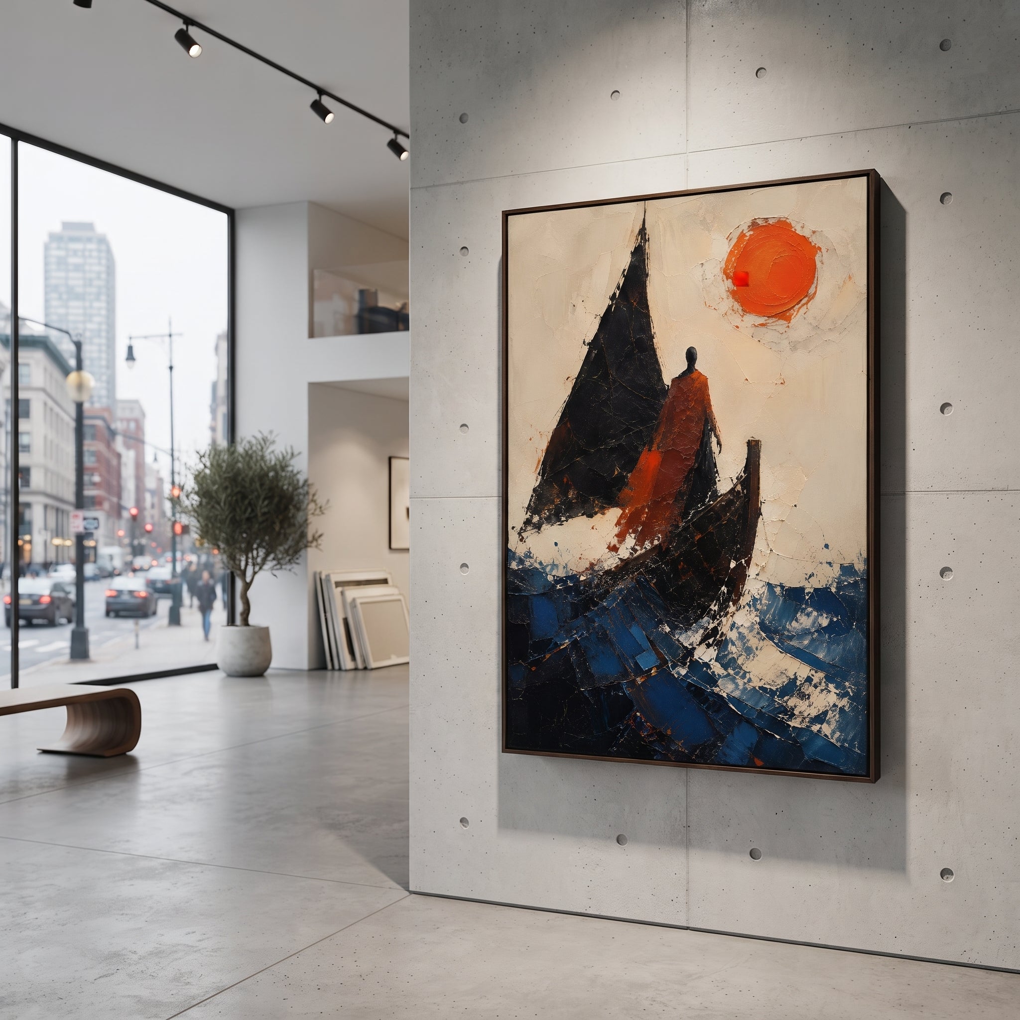 The red figure stands beside the black sail as if deciding whether the voyage is return or exile. The red sun fixes the moment in heat while the broken blue water keeps moving.