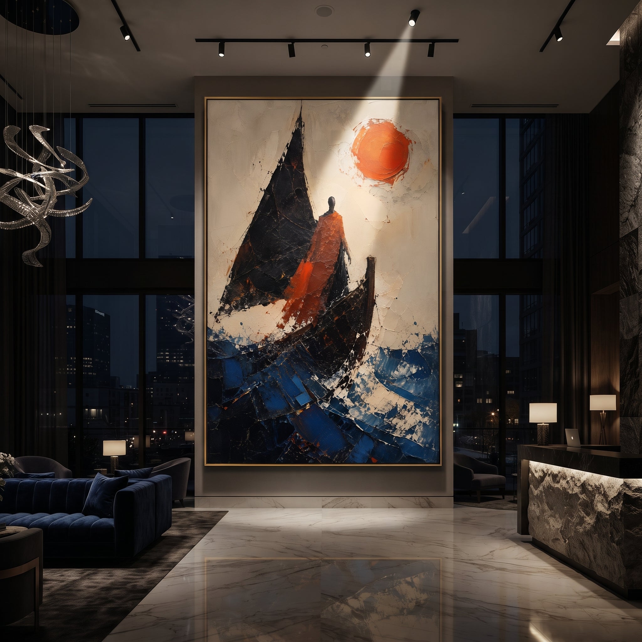 The red figure stands beside the black sail as if deciding whether the voyage is return or exile. The red sun fixes the moment in heat while the broken blue water keeps moving.