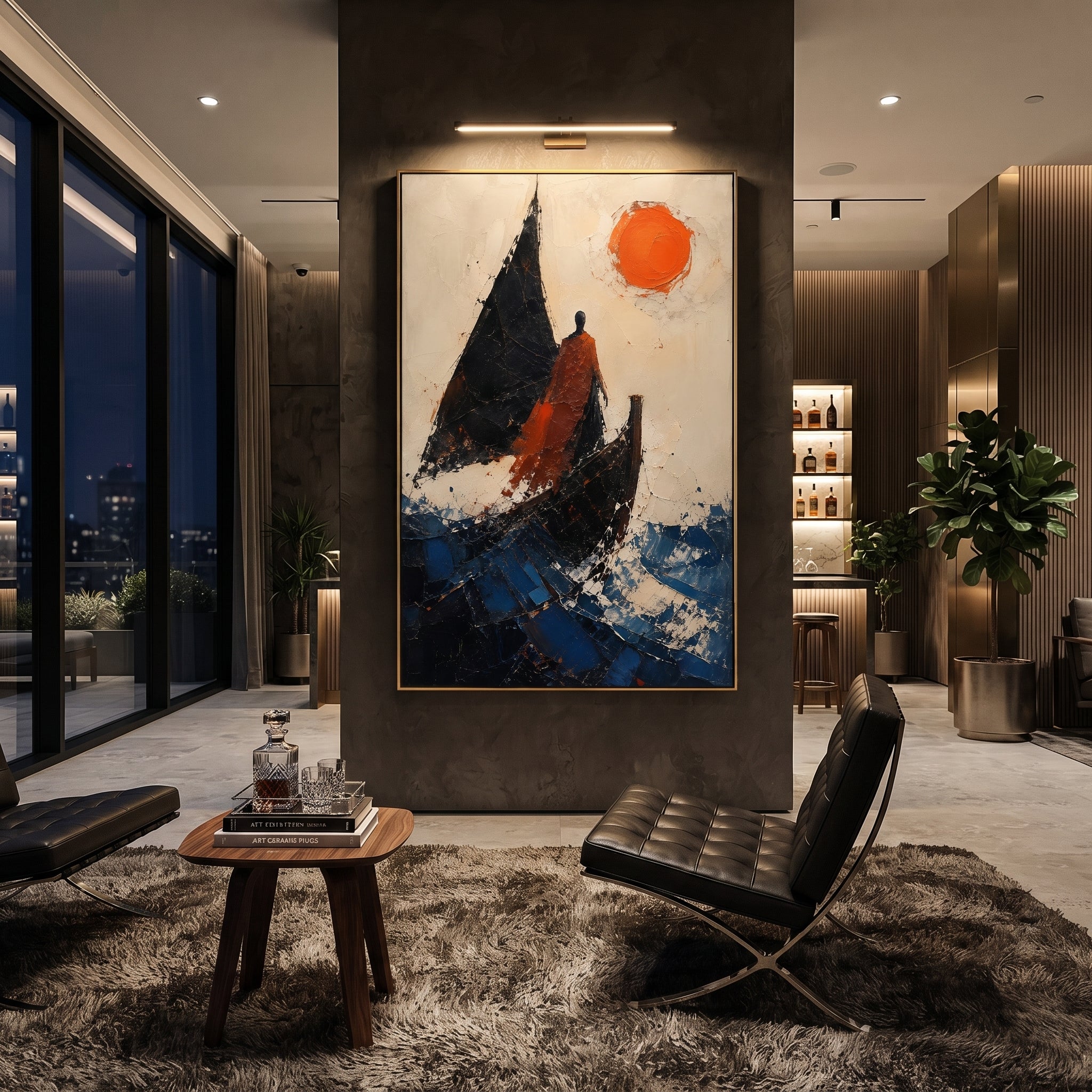 The red figure stands beside the black sail as if deciding whether the voyage is return or exile. The red sun fixes the moment in heat while the broken blue water keeps moving.