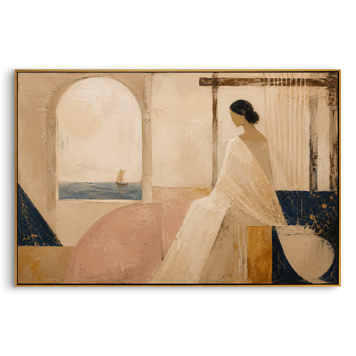 "Penelope By The Windowed Loom" - Modern Heavy Impasto Coastal Landscape | Beige & Pink Palette Knife Painting | Luxury Horizontal Wall Art #PT 1320