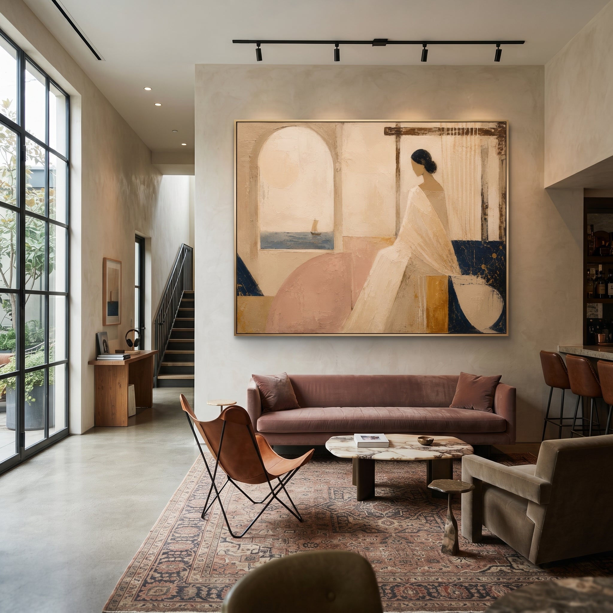 She sits beside the loom while a small sail crosses the window beyond her room. The quiet interior holds the sea at a distance, turning waiting into a private architecture of light and thread.