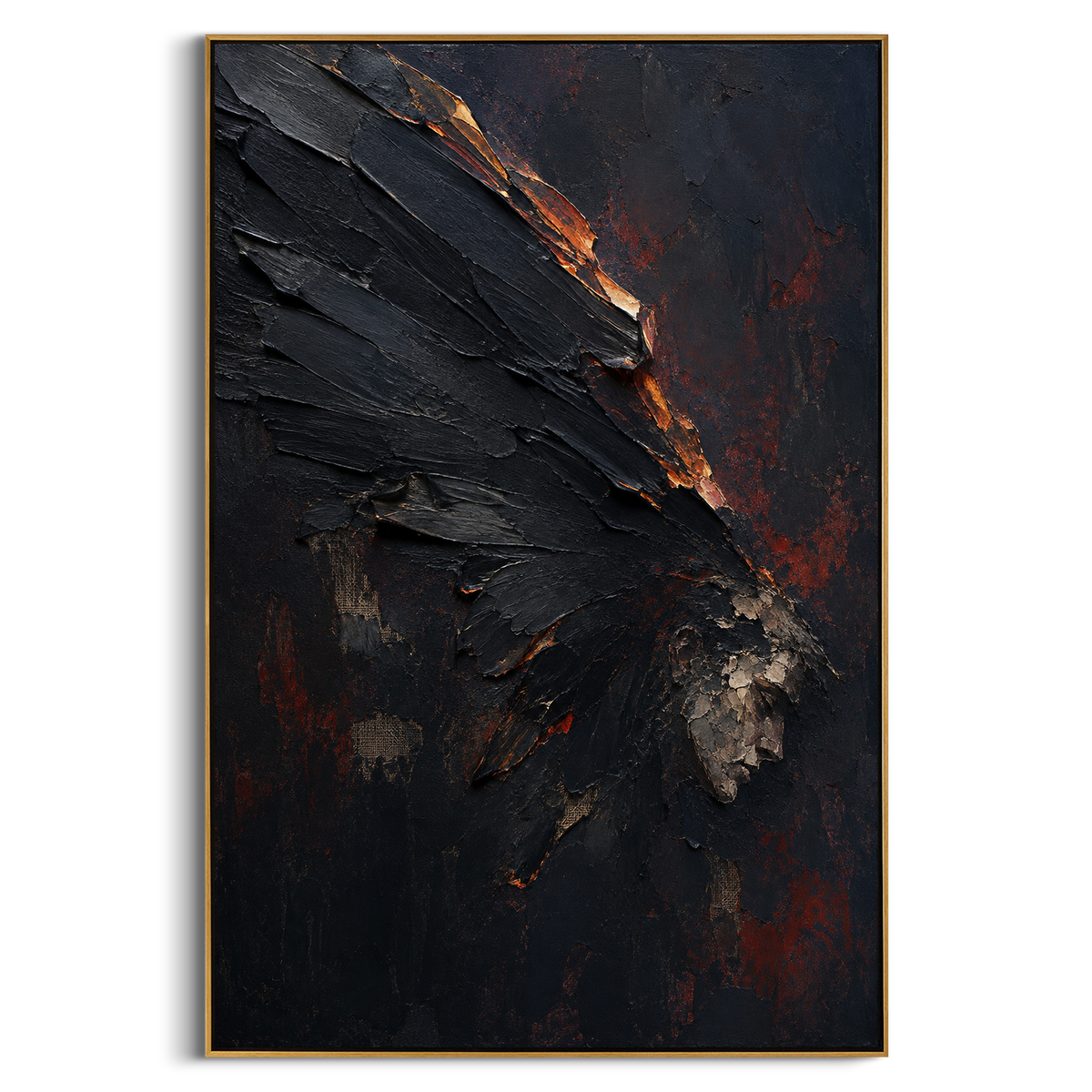 "Fallen Black Wing In The Red Night" - Modern Heavy Impasto Abstract Artwork | Black & Red Palette Knife Painting | Luxury Vertical Wall Art #PT 1322
