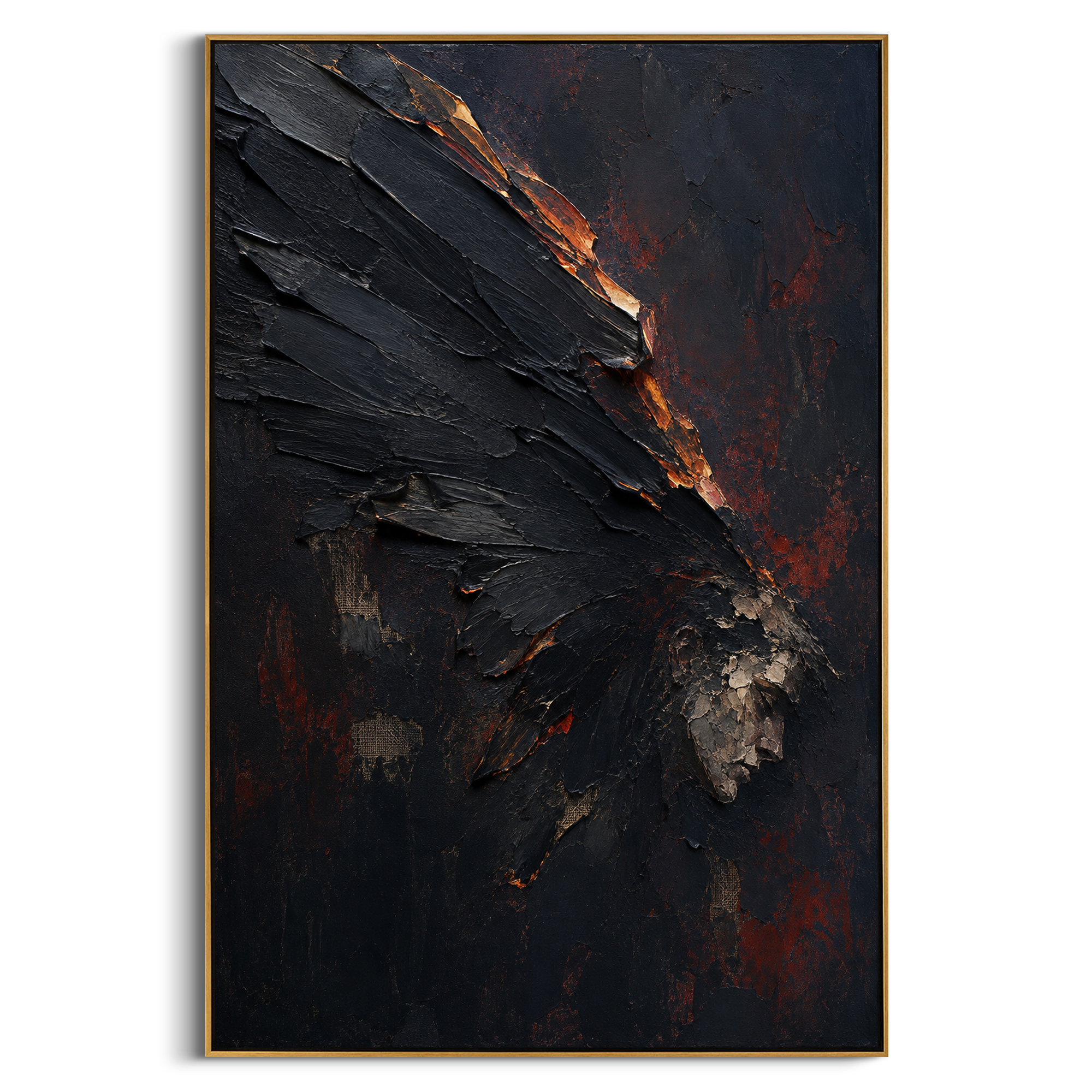 A black wing drops across the red-dark field, its edges lit as if it has just crossed fire. The image carries the fall of Icarus as a stark fragment rather than a full body.