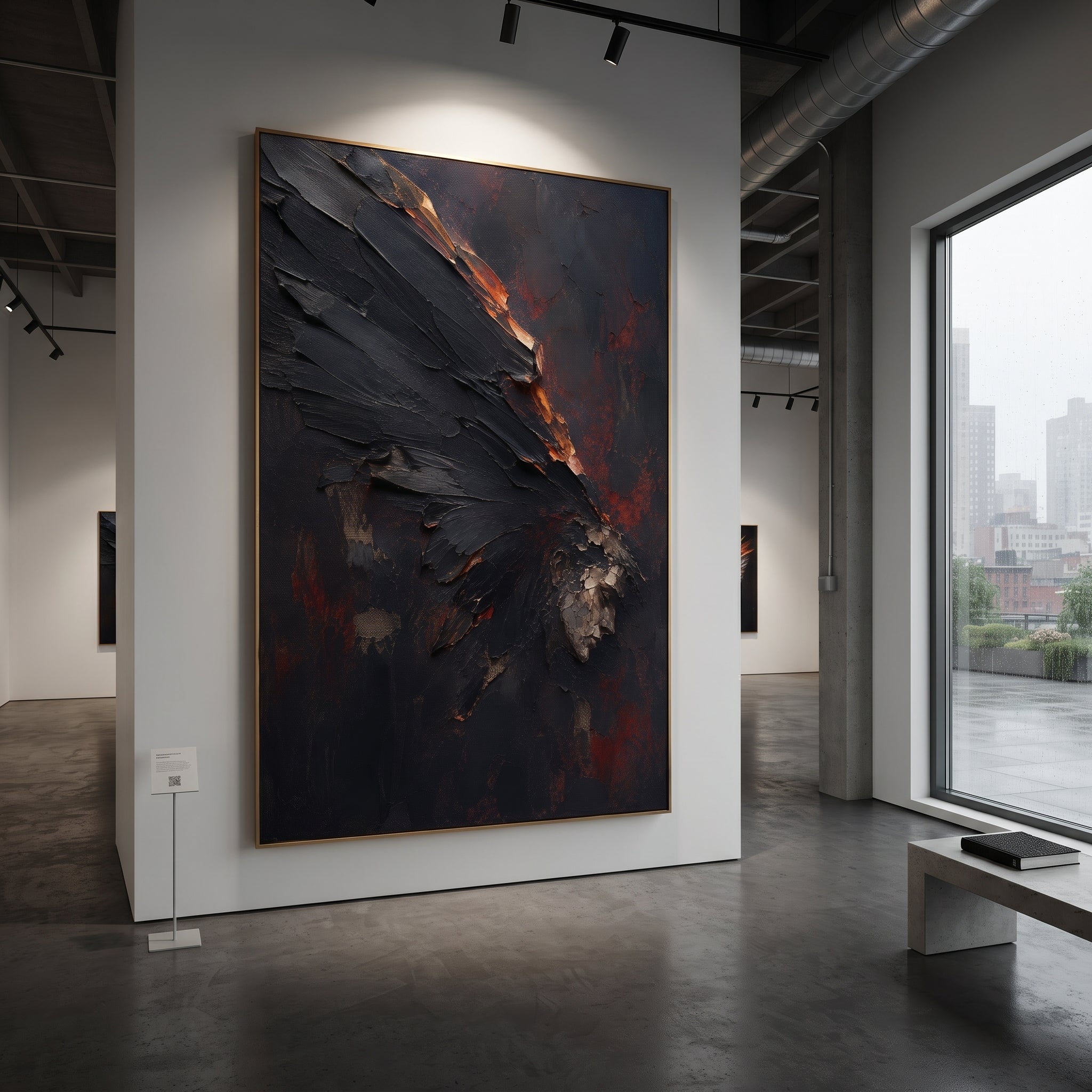 A black wing drops across the red-dark field, its edges lit as if it has just crossed fire. The image carries the fall of Icarus as a stark fragment rather than a full body.