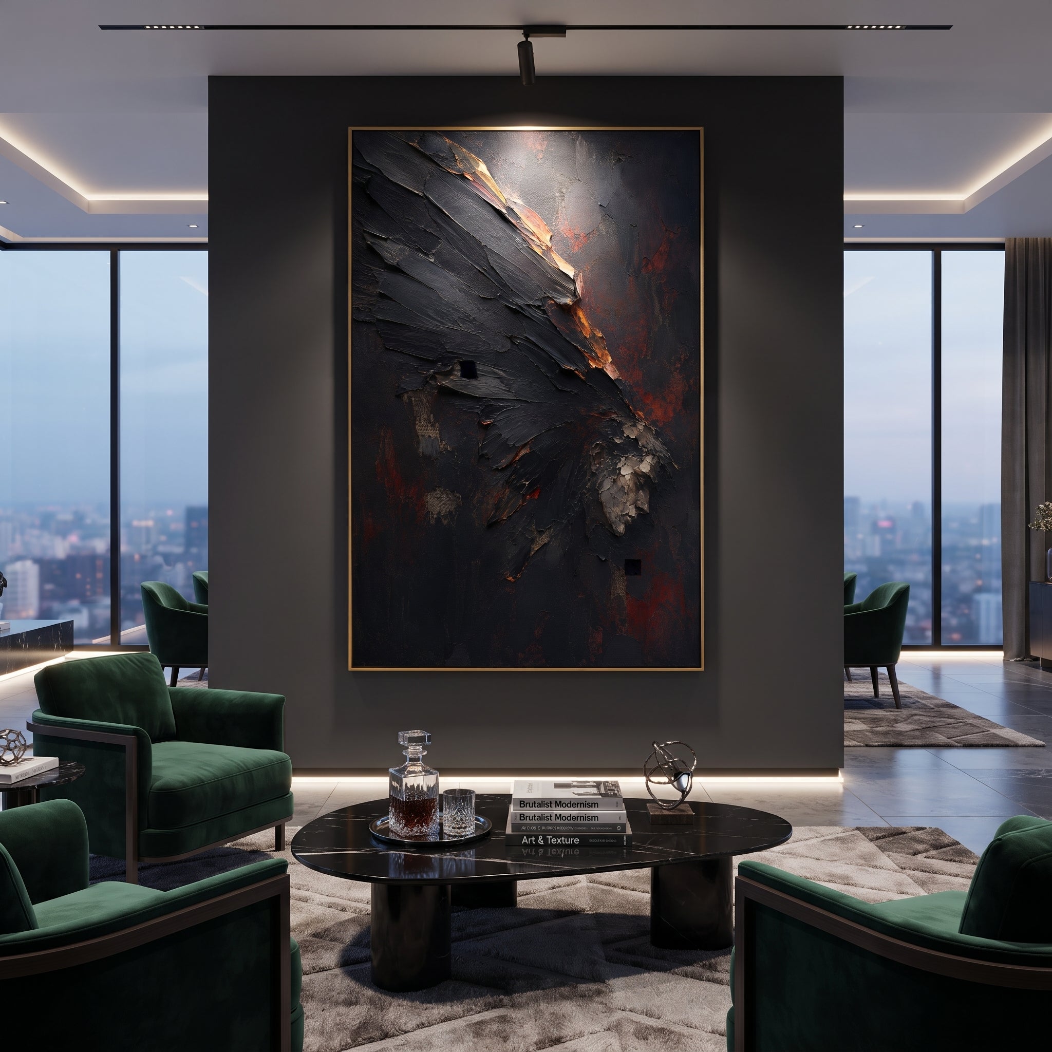 A black wing drops across the red-dark field, its edges lit as if it has just crossed fire. The image carries the fall of Icarus as a stark fragment rather than a full body.
