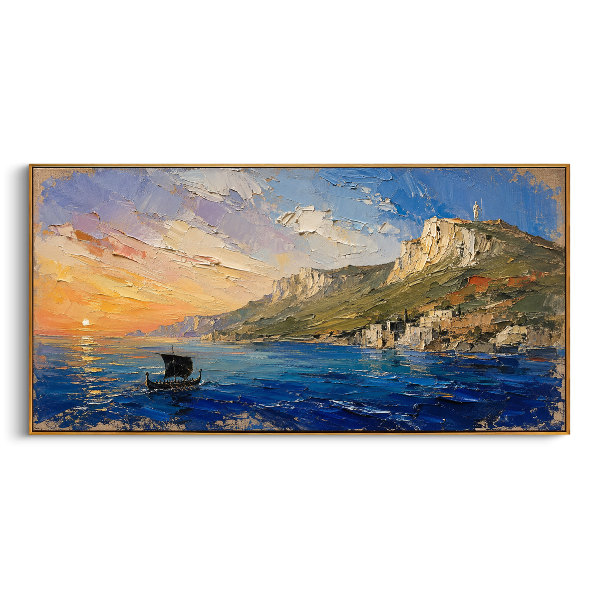 "Ithaca Coast At Golden Return" - Modern Heavy Impasto Coastal Landscape | Blue & Golden Palette Knife Painting | Luxury Horizontal Wall Art #PT 1323