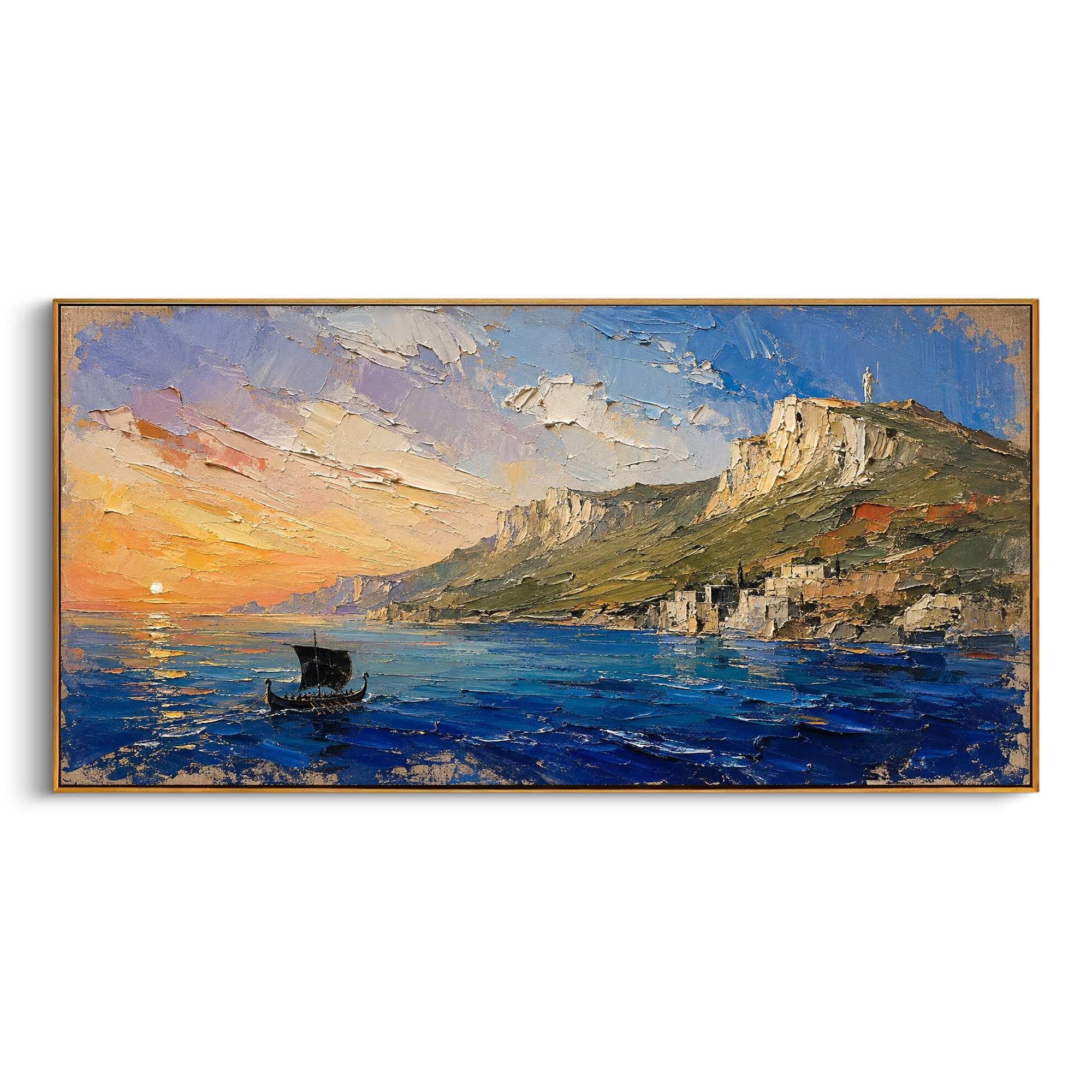 The black boat moves toward a bright coast where cliffs and white buildings catch the evening light. After so much sea, the shore reads like Ithaca appearing slowly, earned mile by mile.