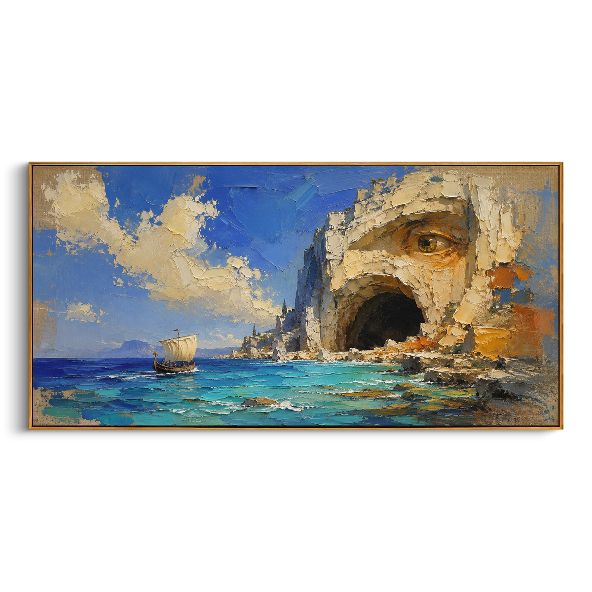 "Cyclops Cave On The Bright Aegean" - Modern Heavy Impasto Coastal Landscape | Blue & Beige Palette Knife Painting | Luxury Horizontal Wall Art #PT 1324