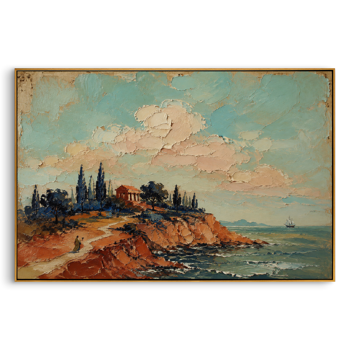 "Temple Road Above The Returning Sea" - Modern Heavy Impasto Coastal Landscape | Green & Blue Palette Knife Painting | Luxury Horizontal Wall Art #PT 1325