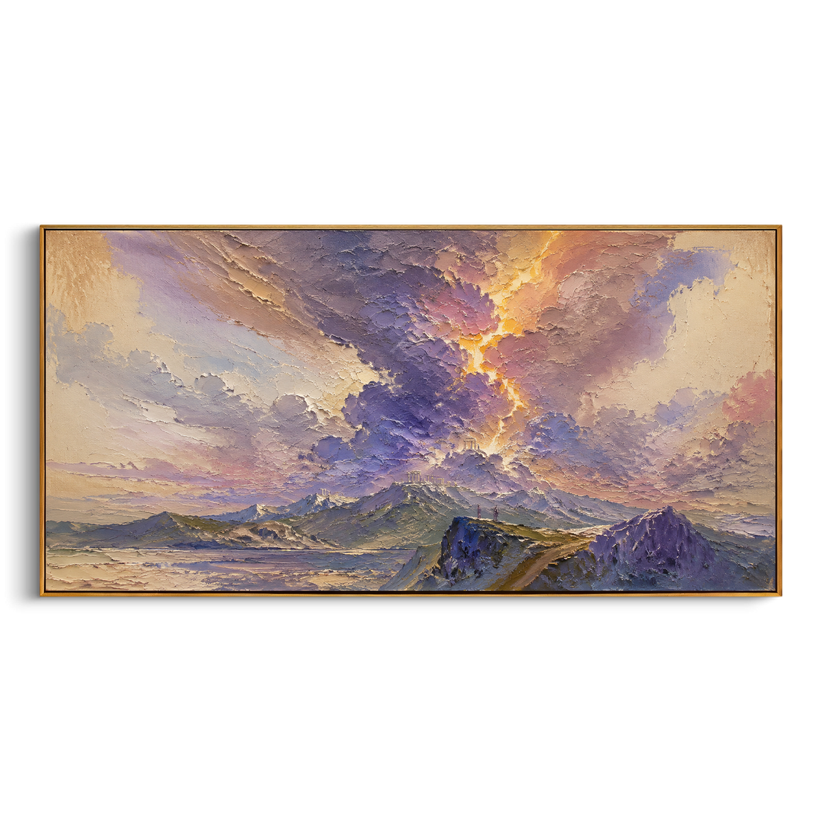"Olympus Storm Breaking Over The Mountains" - Modern Heavy Impasto Landscape Artwork | Pink & Blue Palette Knife Painting | Luxury Horizontal Wall Art #PT 1326
