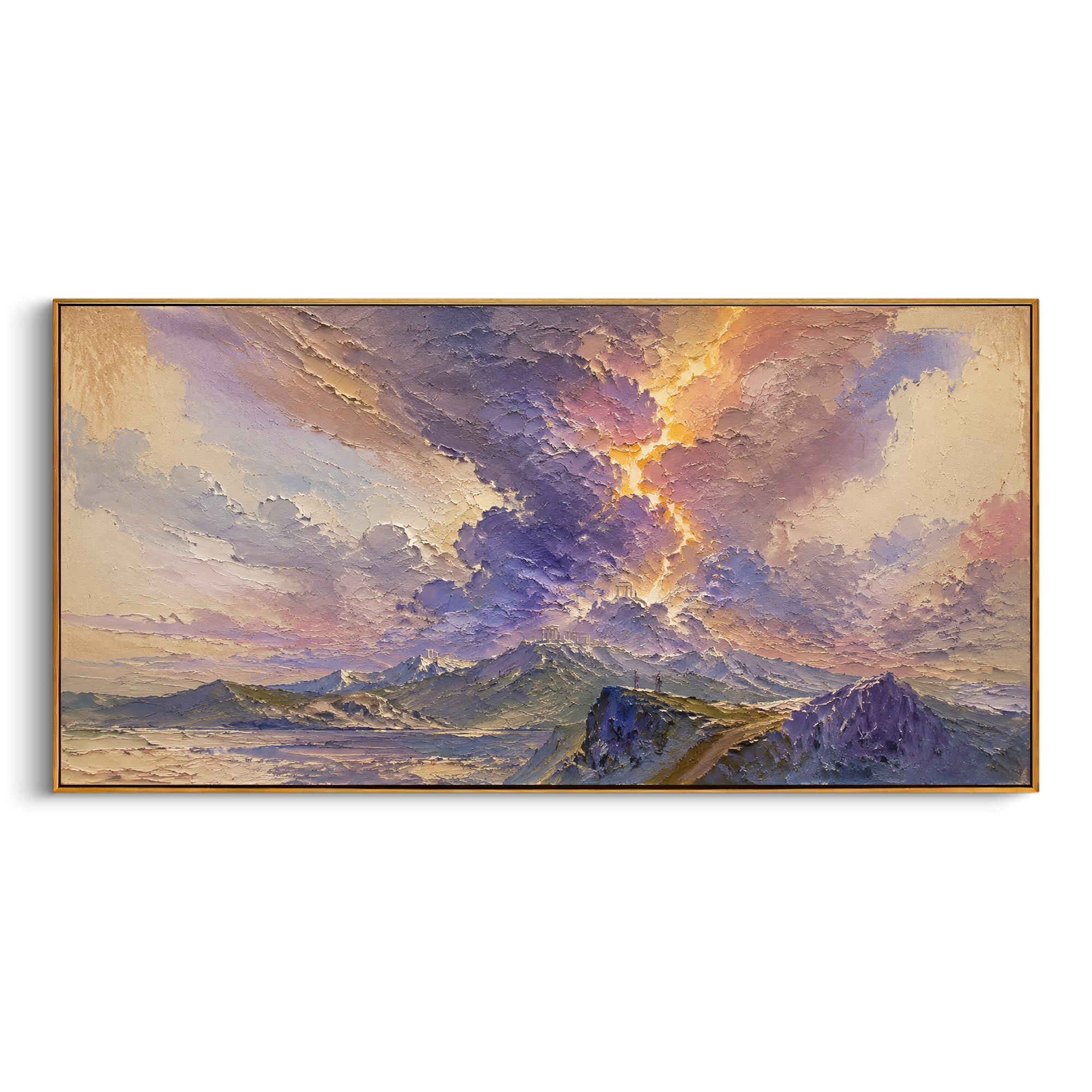 The mountains sit beneath a sky that seems opened by the gods. Pink cloud, blue distance, and gold light turn Olympus into a living omen rather than a quiet horizon.