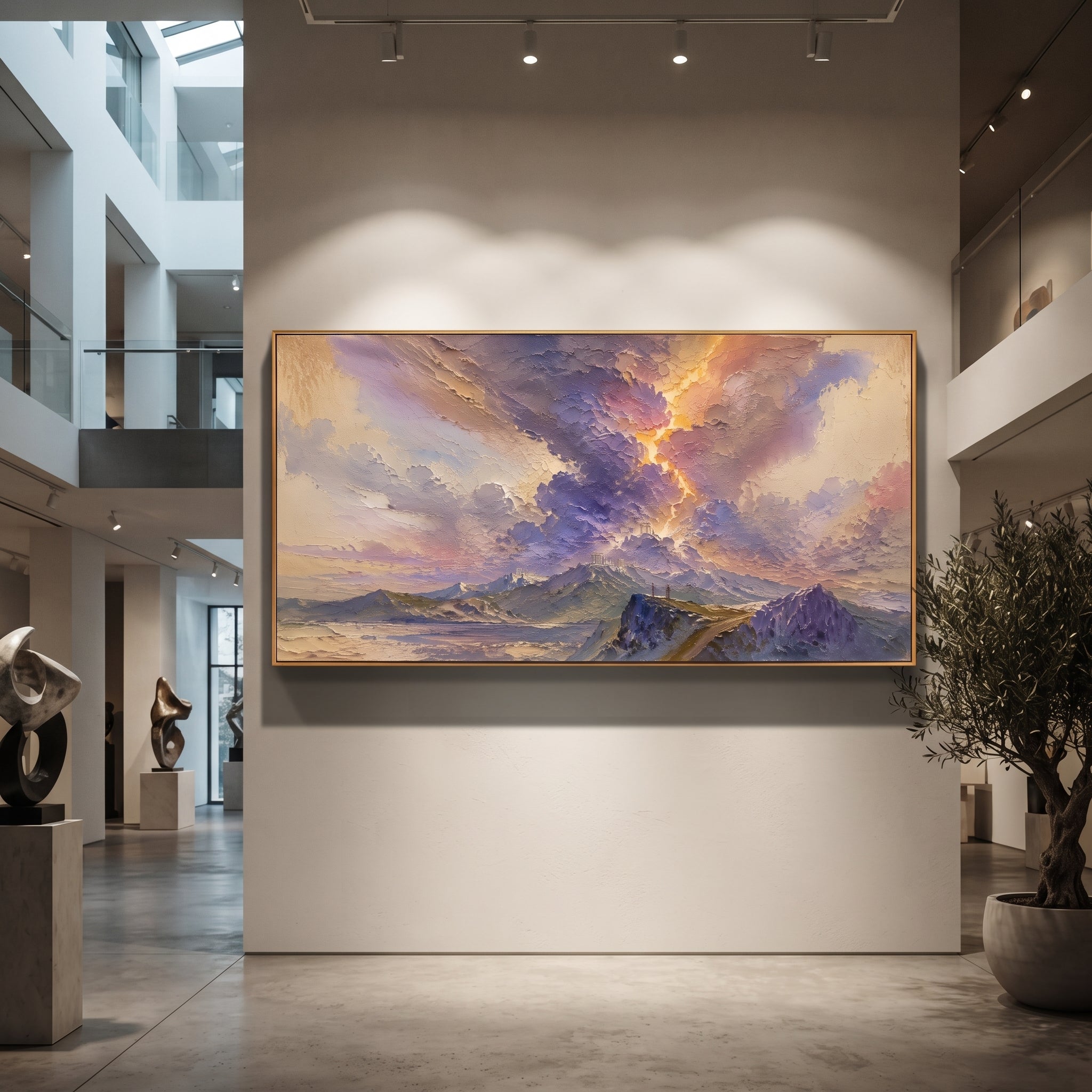 The mountains sit beneath a sky that seems opened by the gods. Pink cloud, blue distance, and gold light turn Olympus into a living omen rather than a quiet horizon.