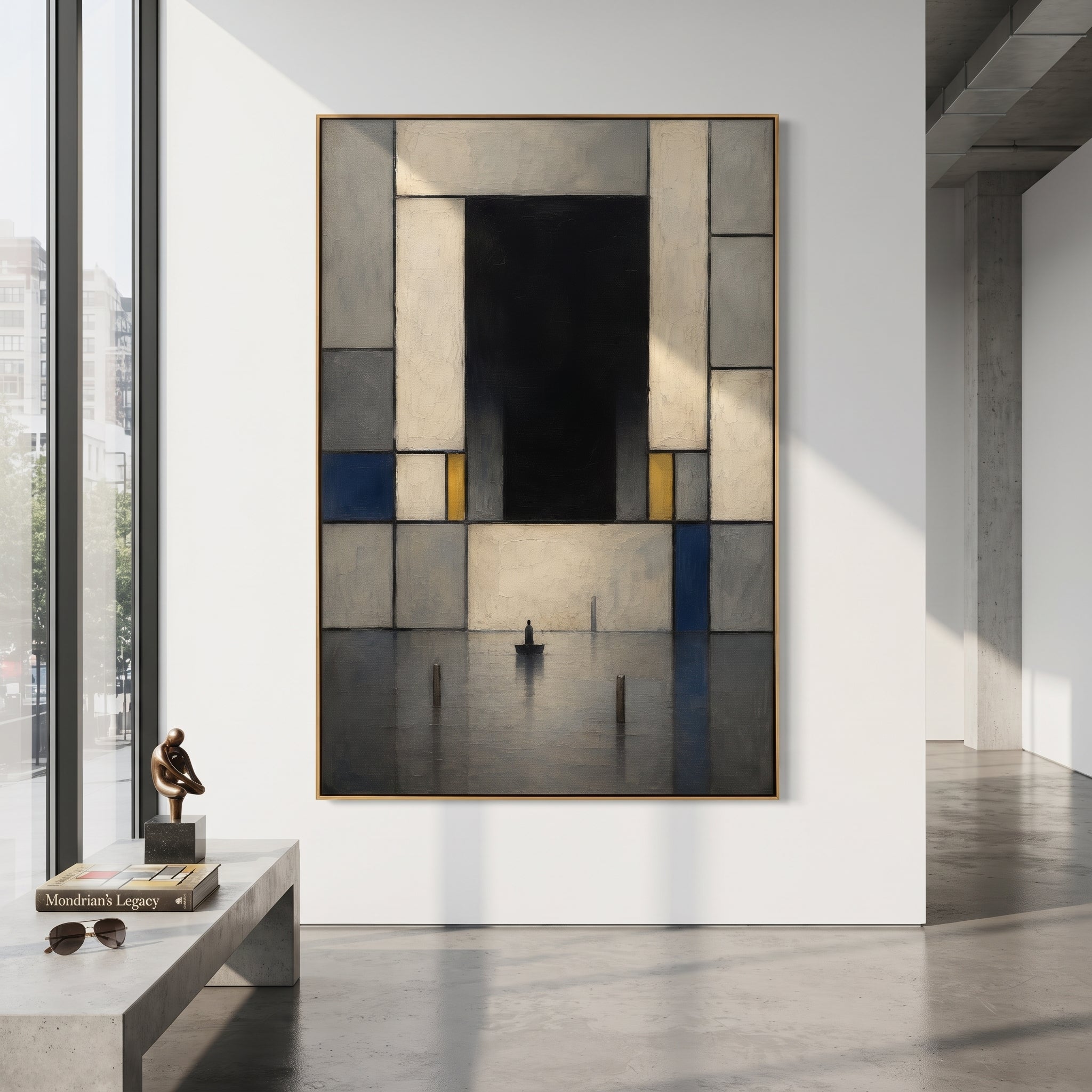 A lone boat stops before a black gate so large it silences the water around it. The still geometry turns arrival into a question the figure cannot avoid.