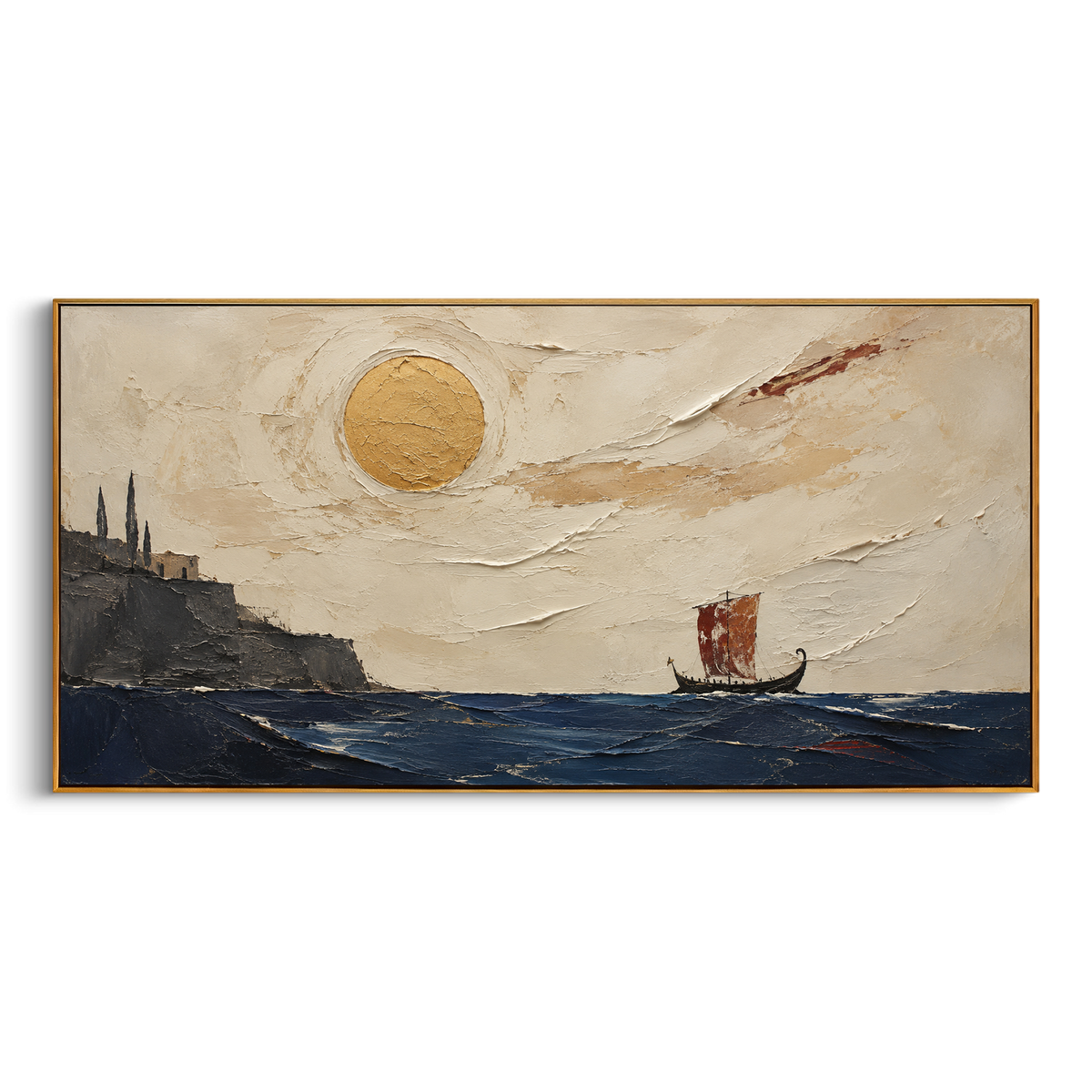 "Red Sail Leaving The Dark Cape" - Modern Heavy Impasto Coastal Landscape | Blue & Beige Palette Knife Painting | Luxury Horizontal Wall Art #PT 1329