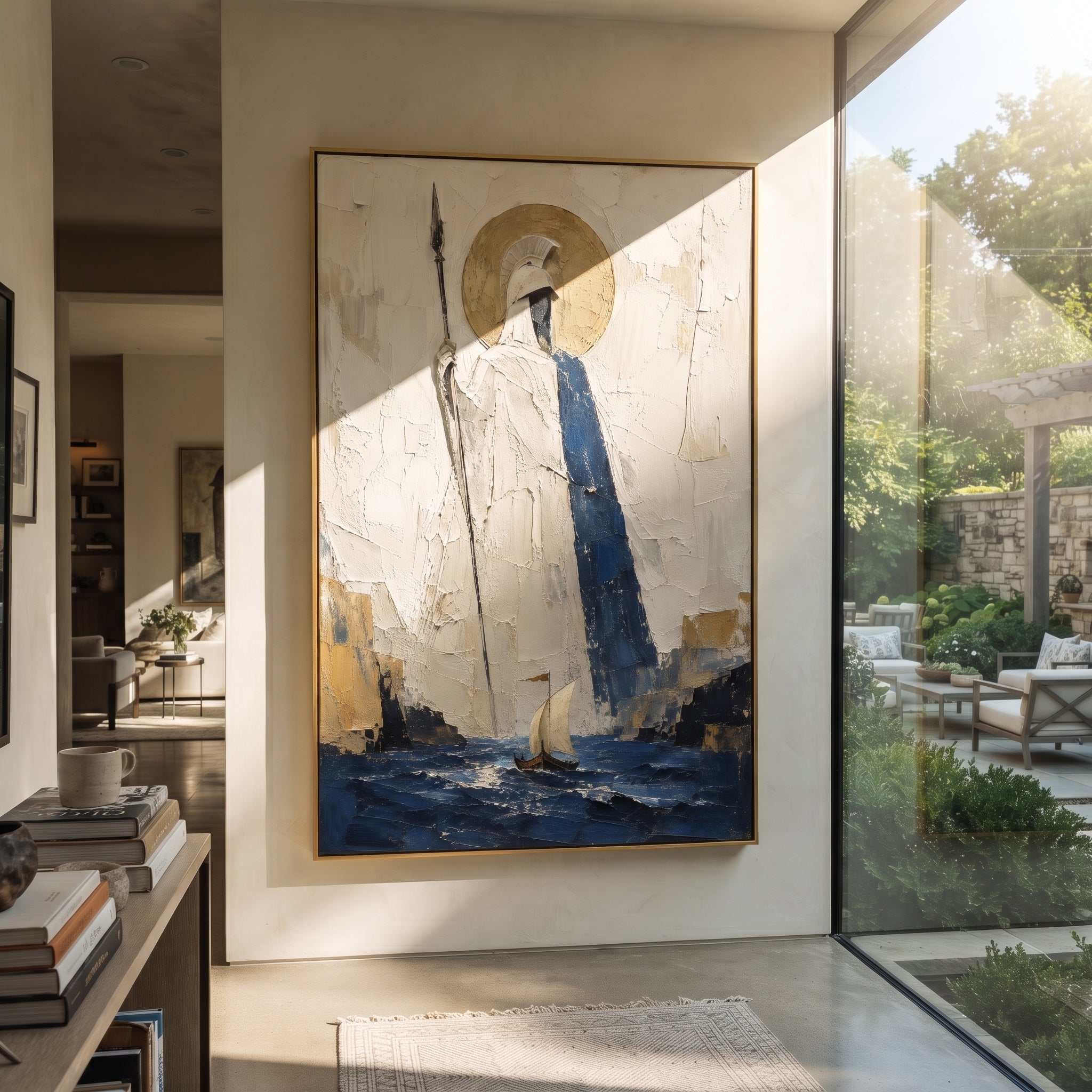 Athena stands above the channel with spear in hand while the small sail moves through the blue below. The gold circle behind her makes protection feel watchful, formal, and immense.